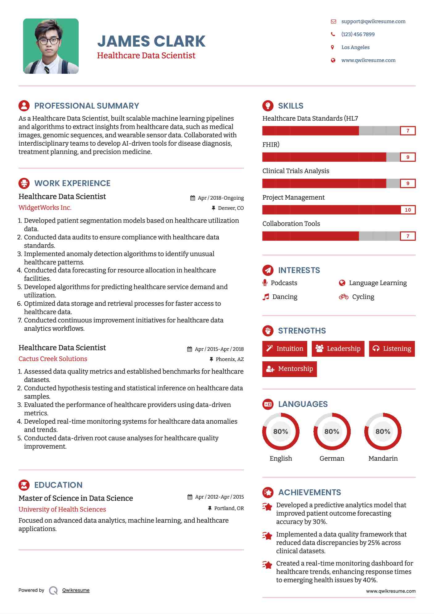 Healthcare Data Scientist Resume Sample