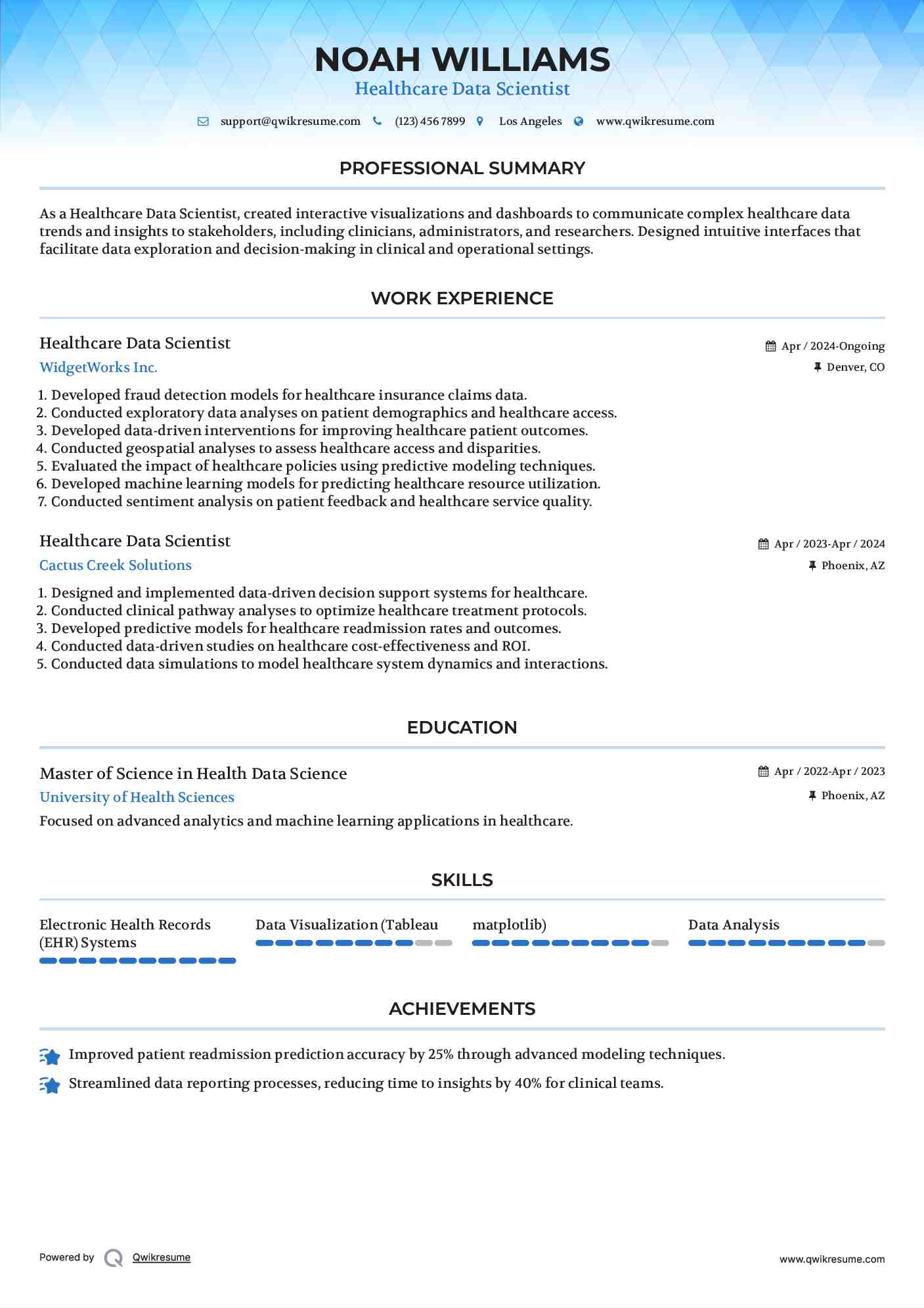 Healthcare Data Scientist Resume Model