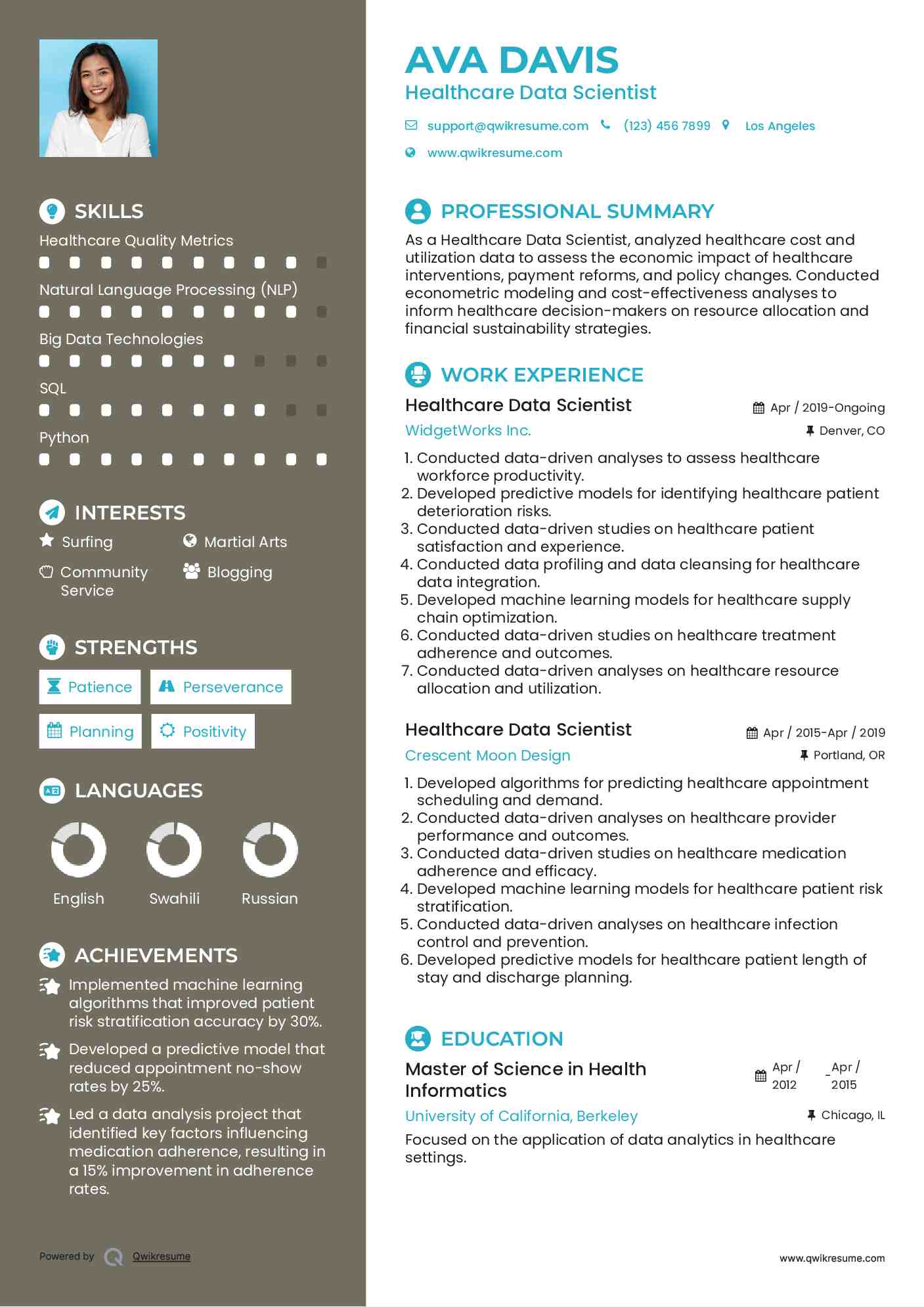 Healthcare Data Scientist Resume Example