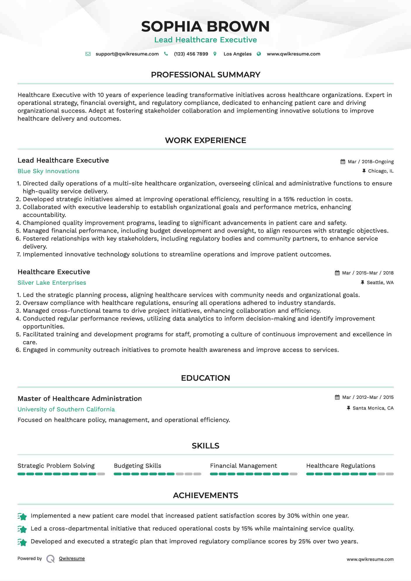 Lead Healthcare Executive Resume Model