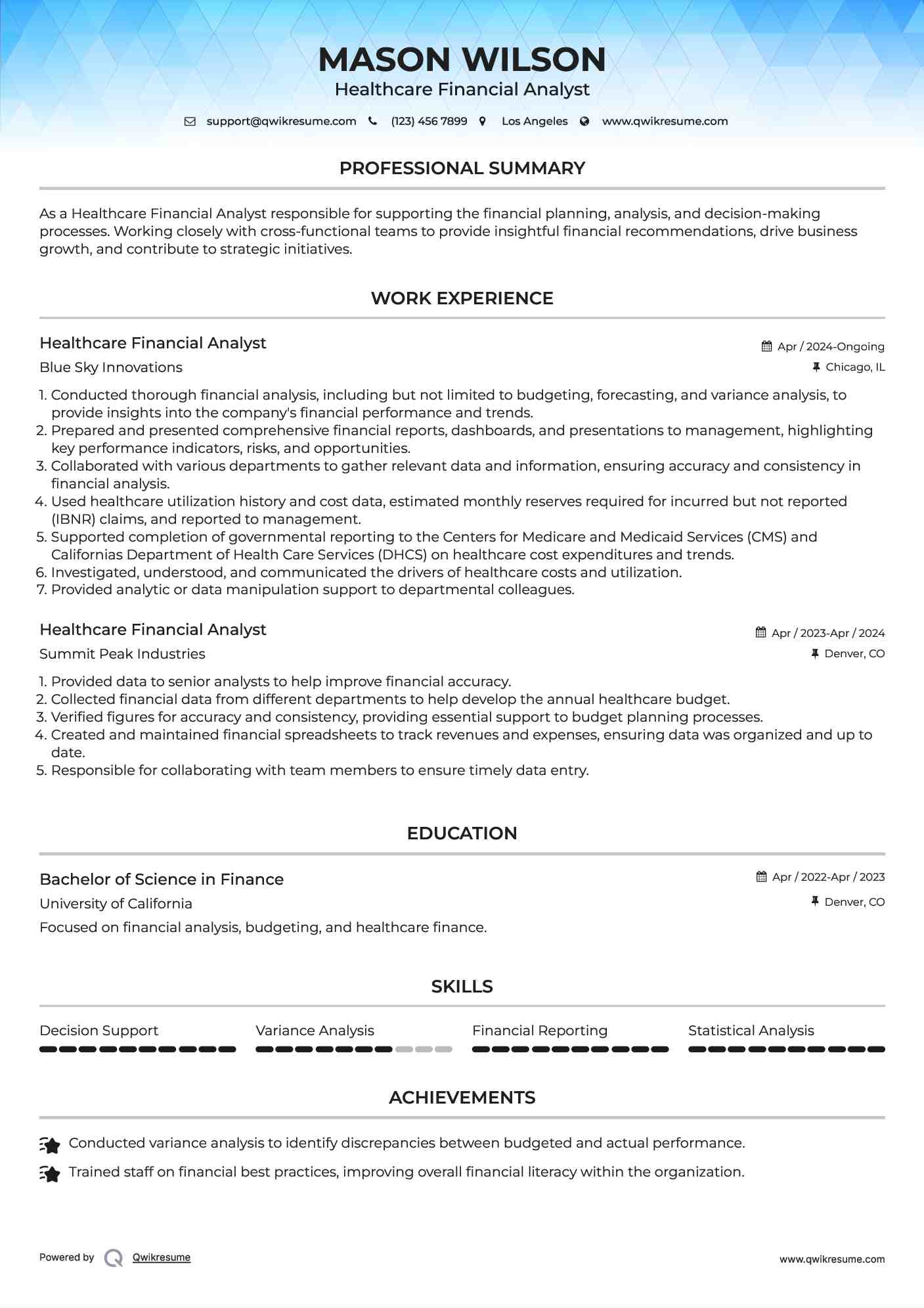 Healthcare Financial Analyst Resume Example