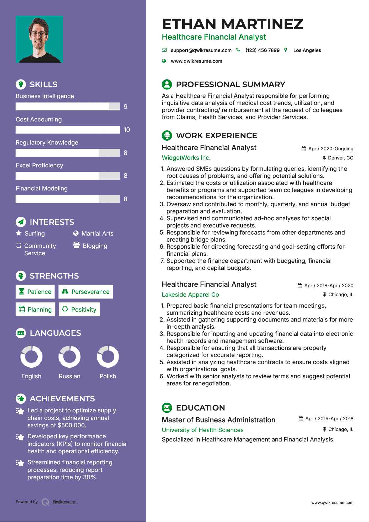 Healthcare Financial Analyst Resume Example