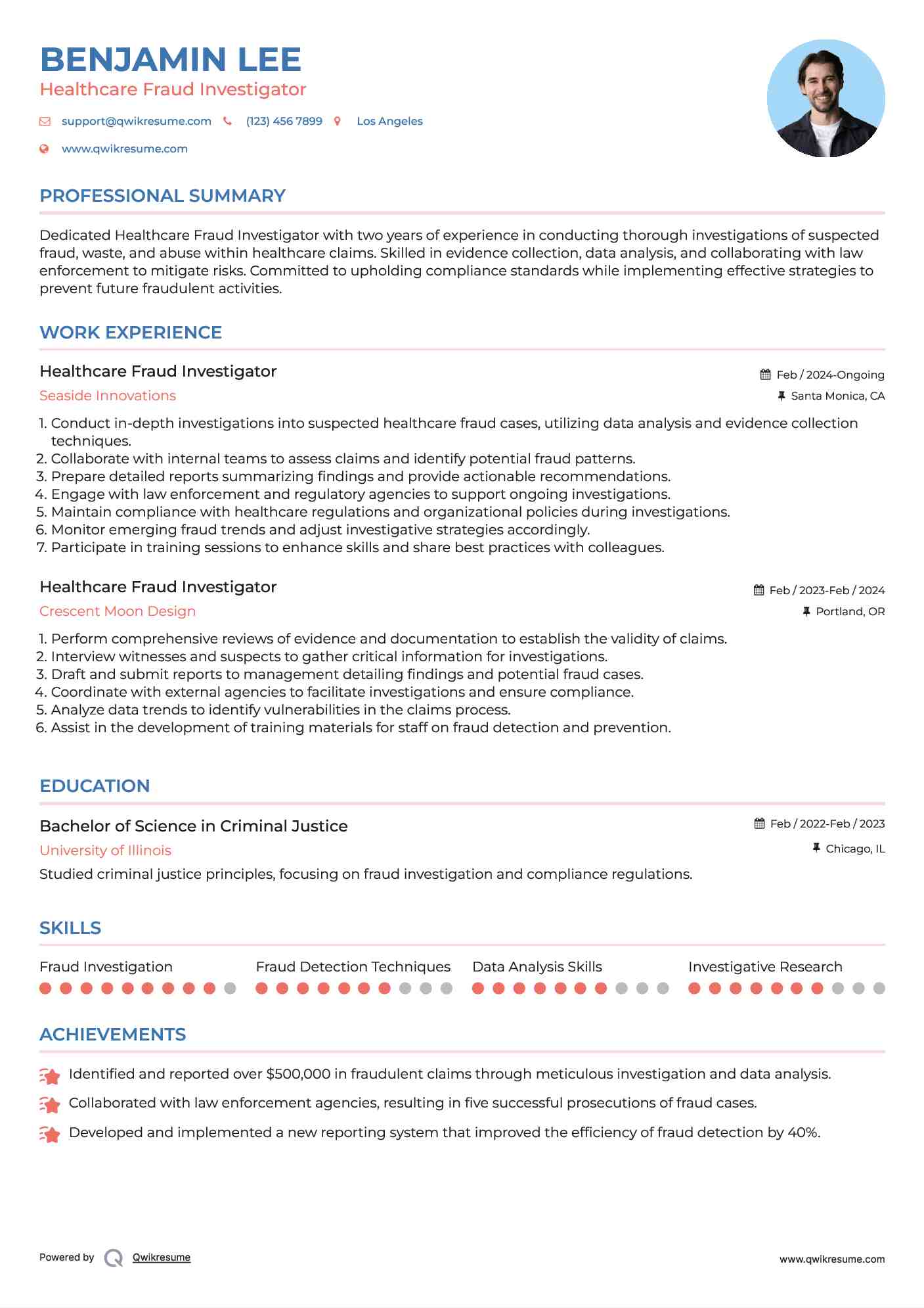 Healthcare Fraud Investigator Resume Sample