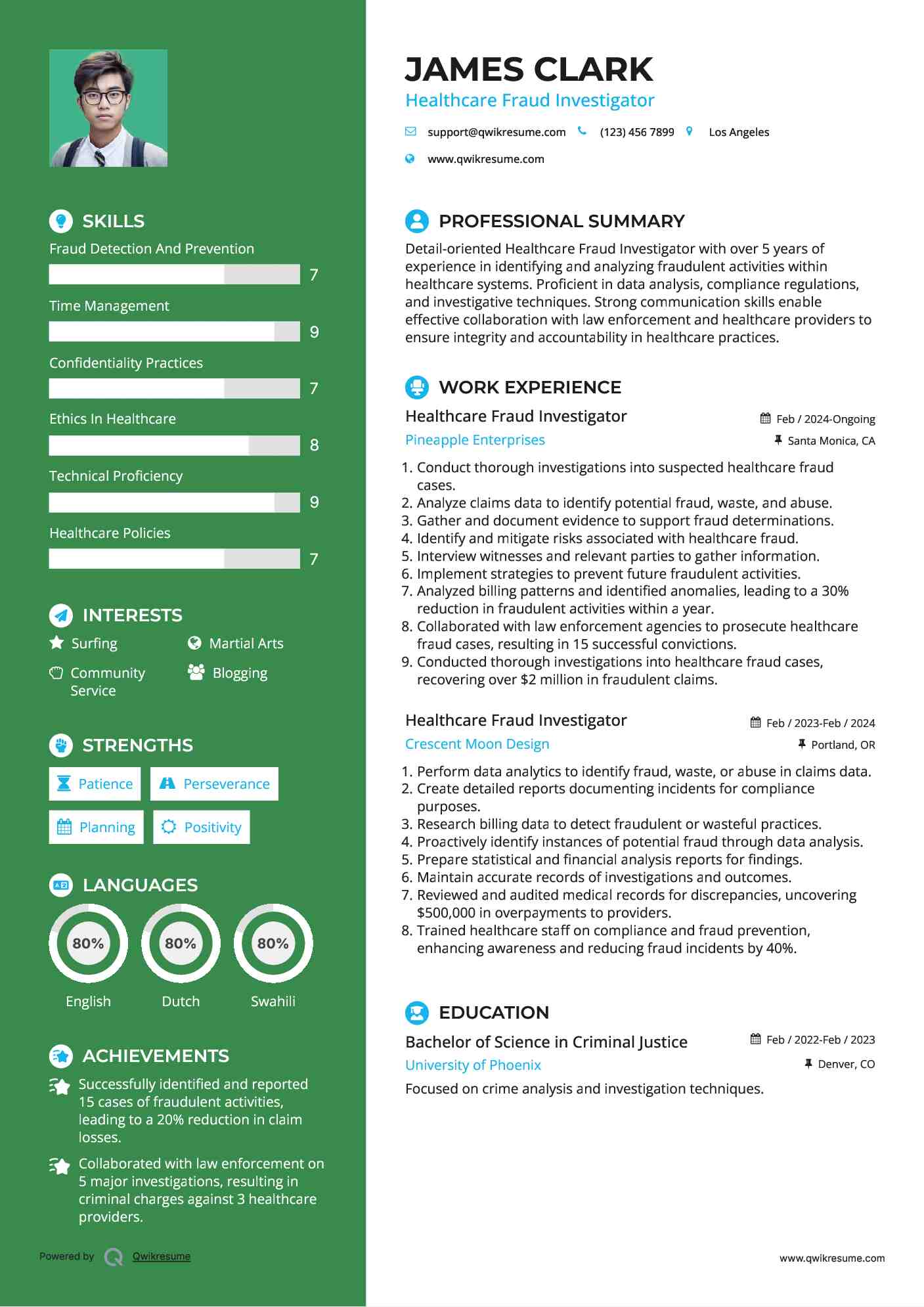 Healthcare Fraud Investigator Resume Example