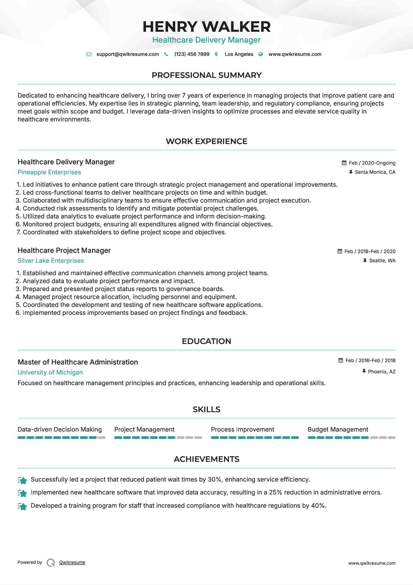 Healthcare Delivery Manager Resume Template