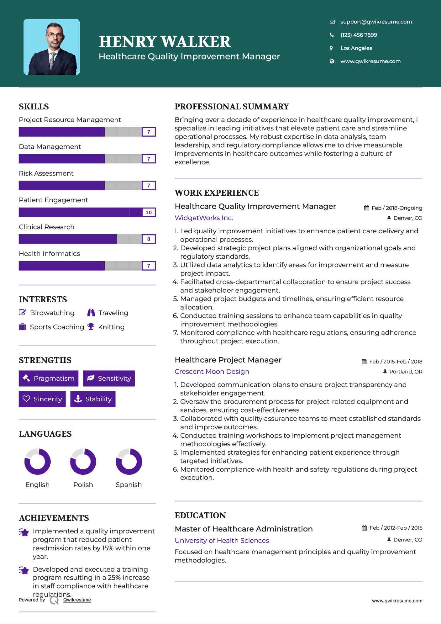 Healthcare Quality Improvement Manager Resume Template