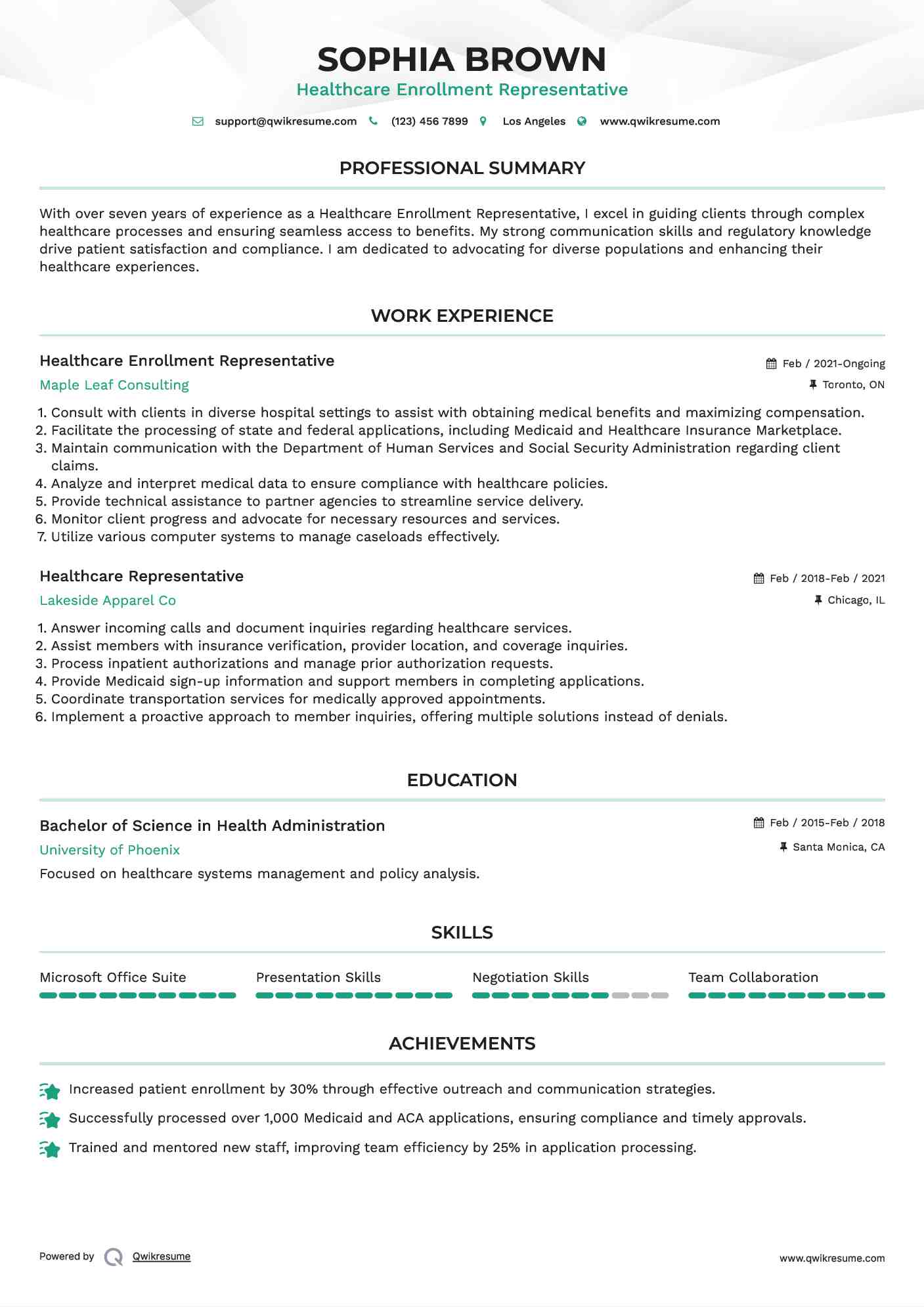 Healthcare Enrollment Representative Resume Sample