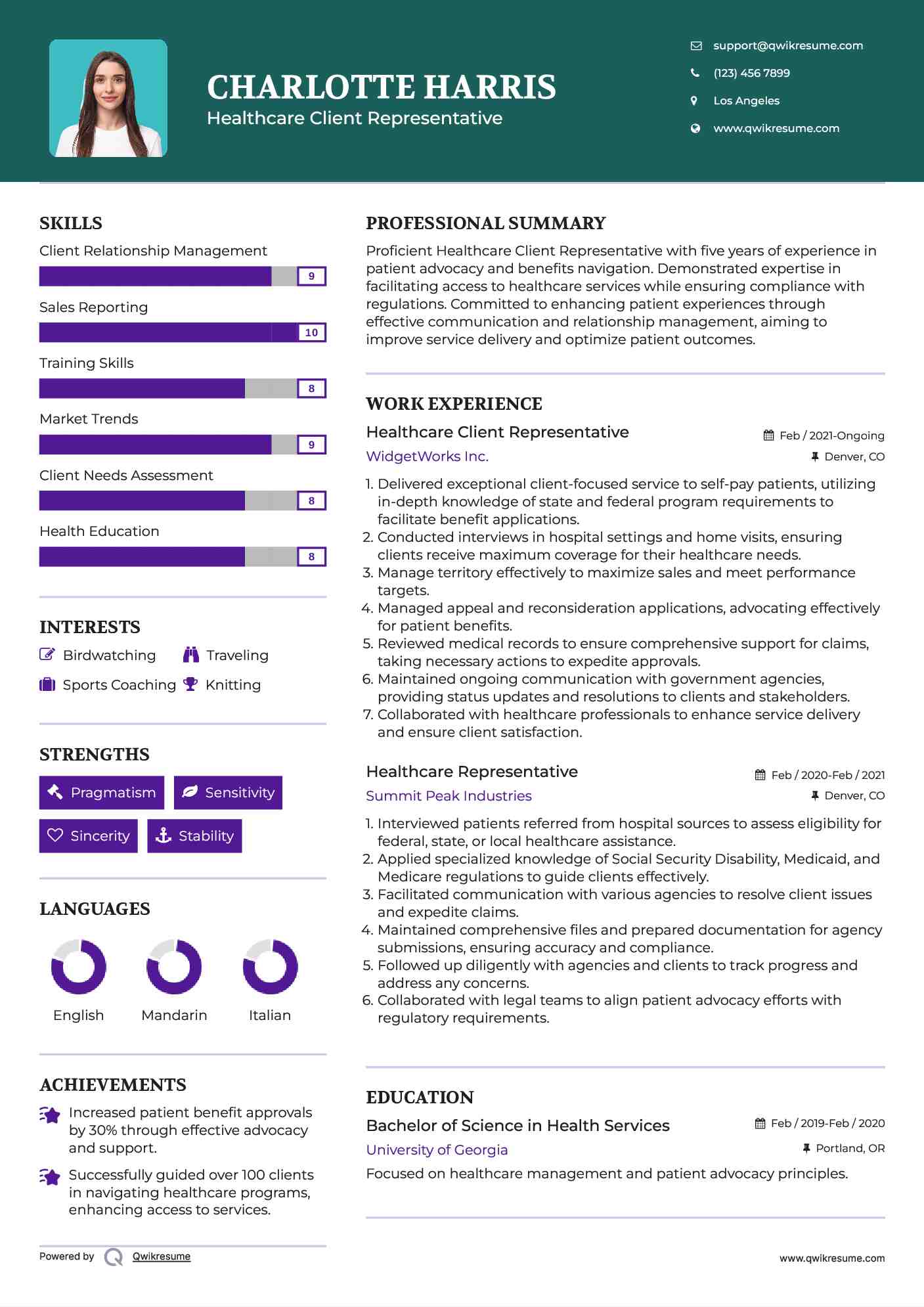 Healthcare Client Representative Resume Model