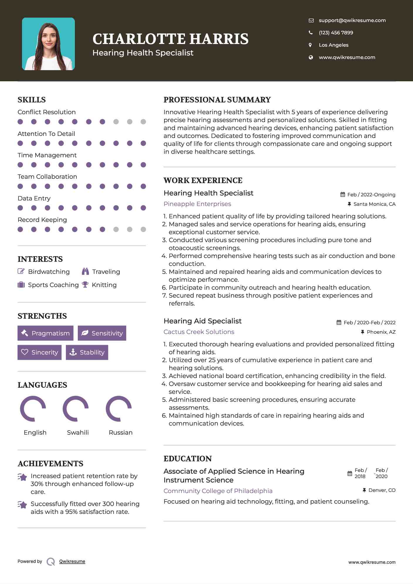 Hearing Health Specialist Resume Example