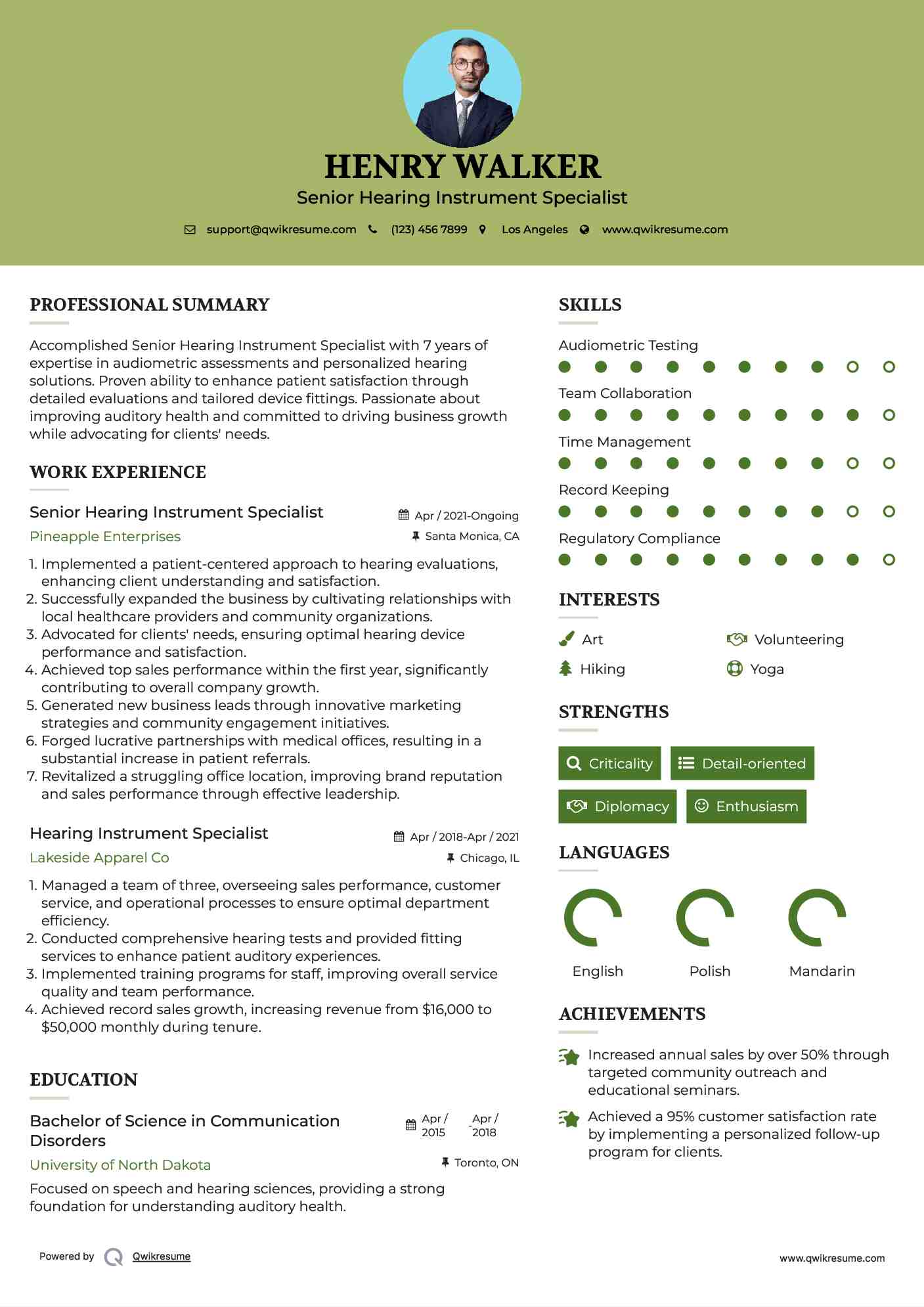 Senior Hearing Instrument Specialist Resume Example