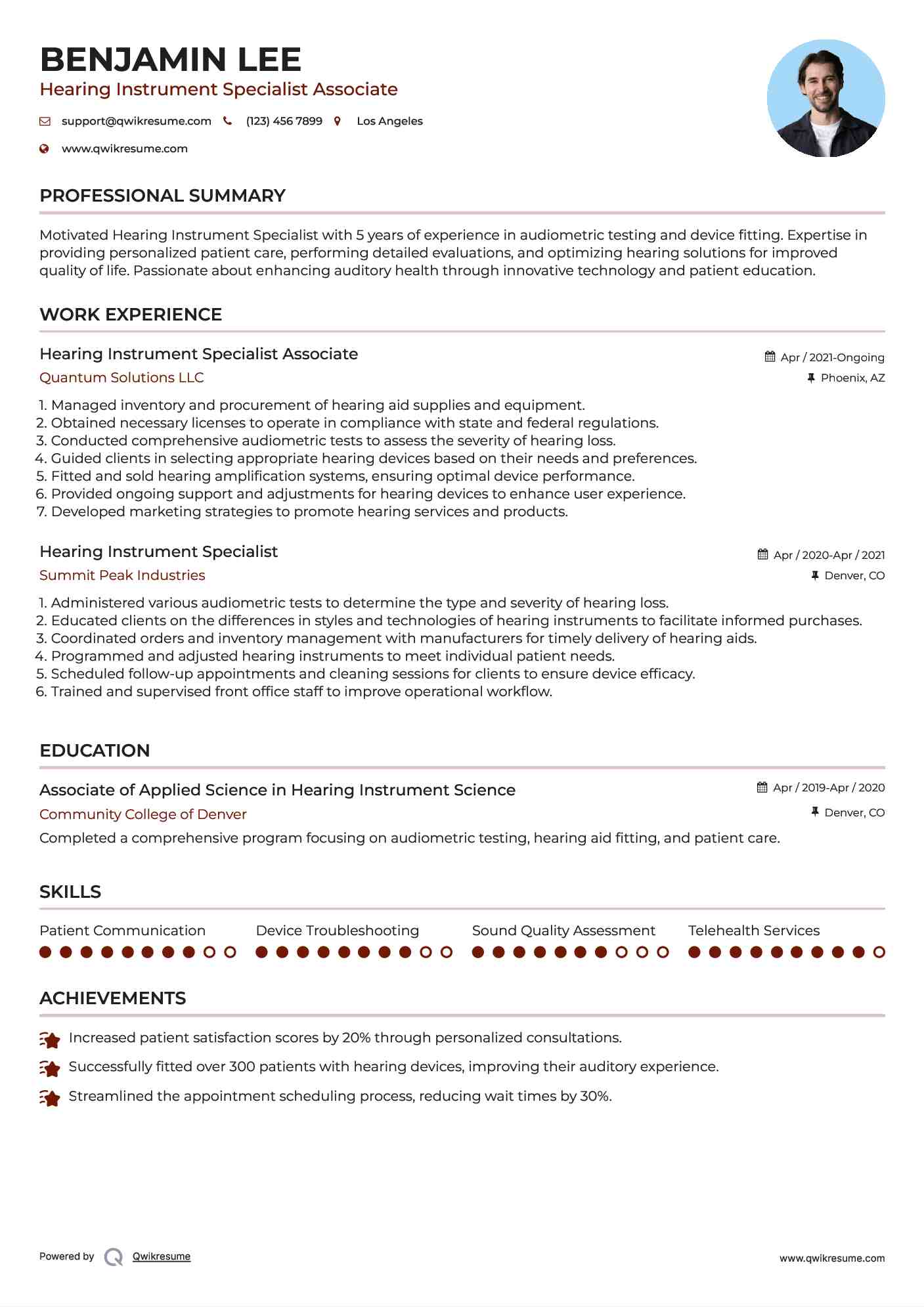 Hearing Instrument Specialist Associate Resume Example