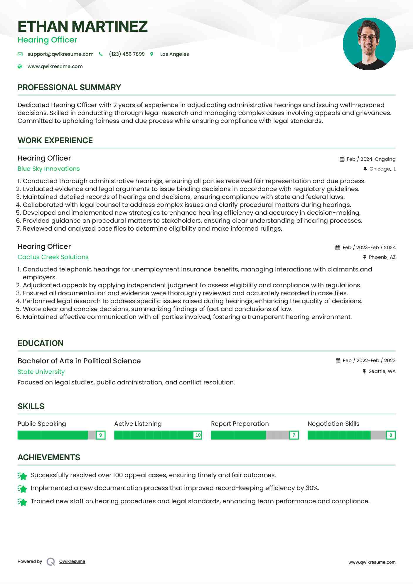 Hearing Officer Resume Sample