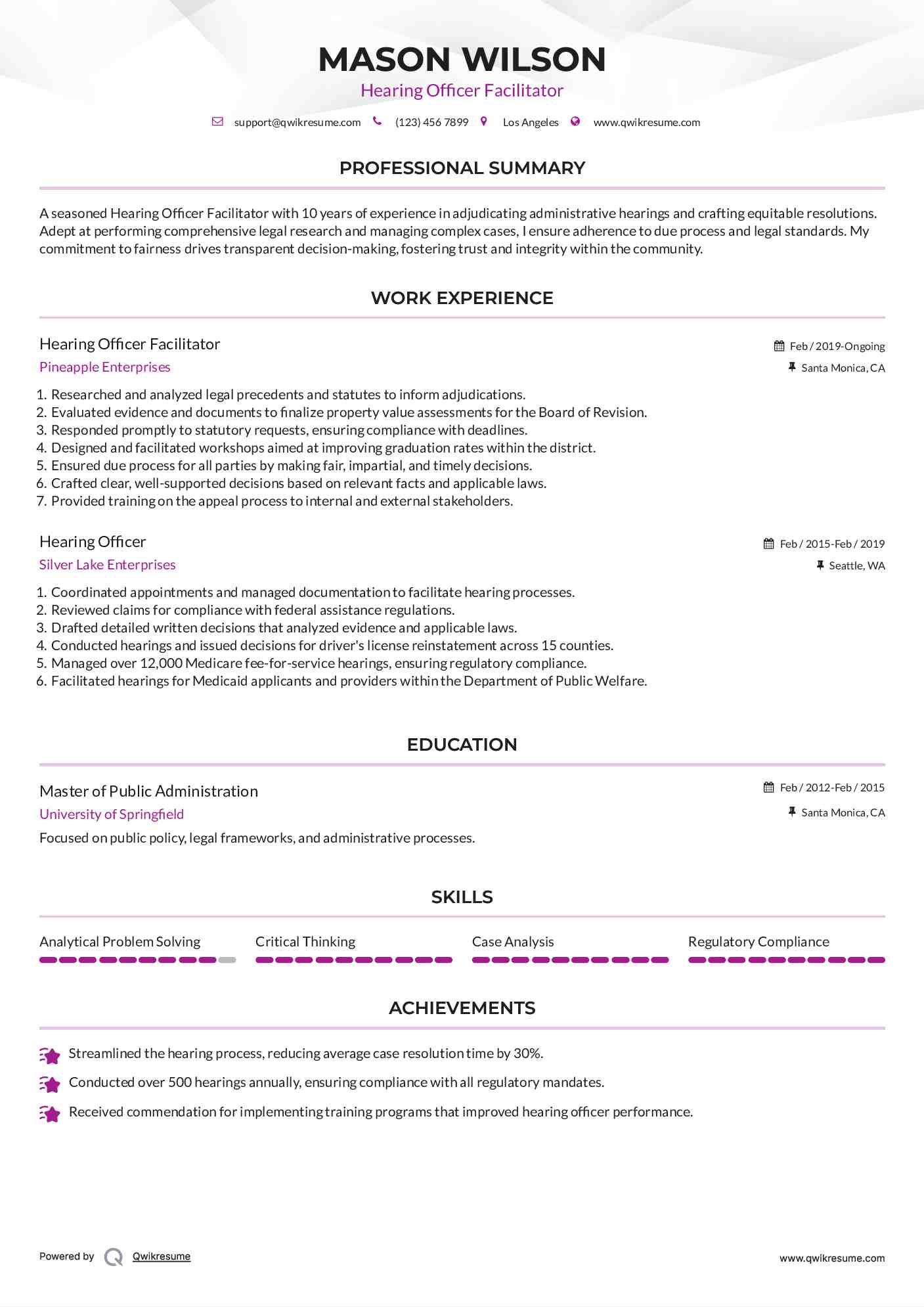 Hearing Officer Facilitator Resume Sample
