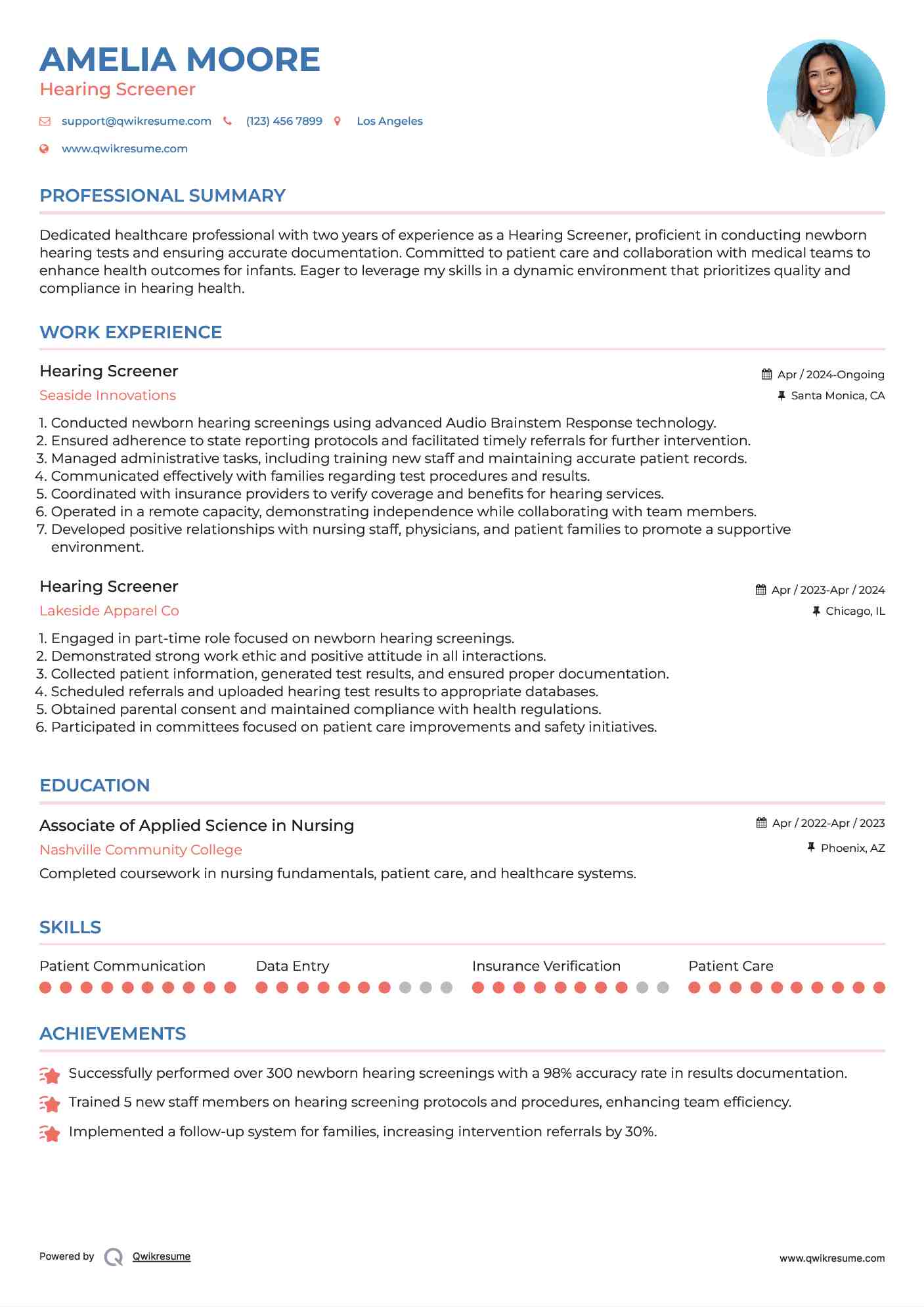Hearing Screener Resume Sample