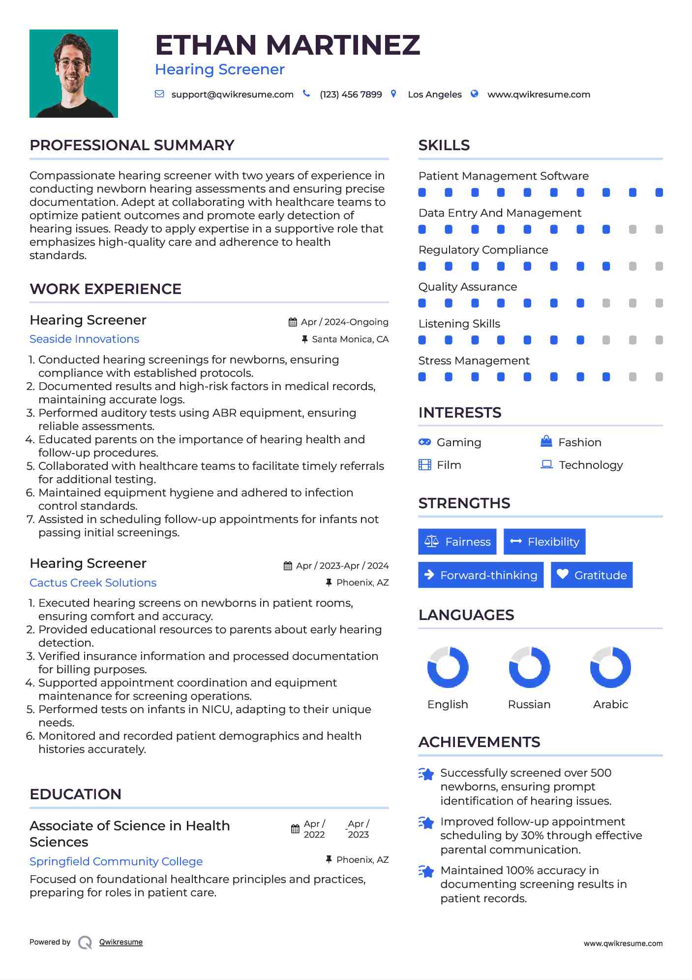 Hearing Screener Resume Sample