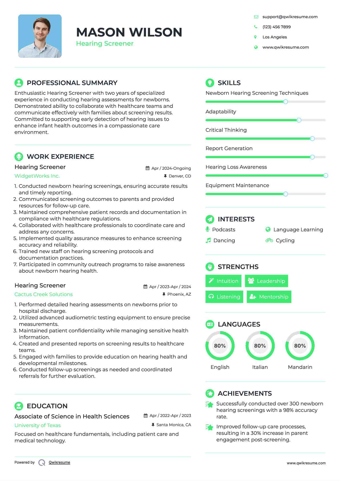 Hearing Screener Resume Template