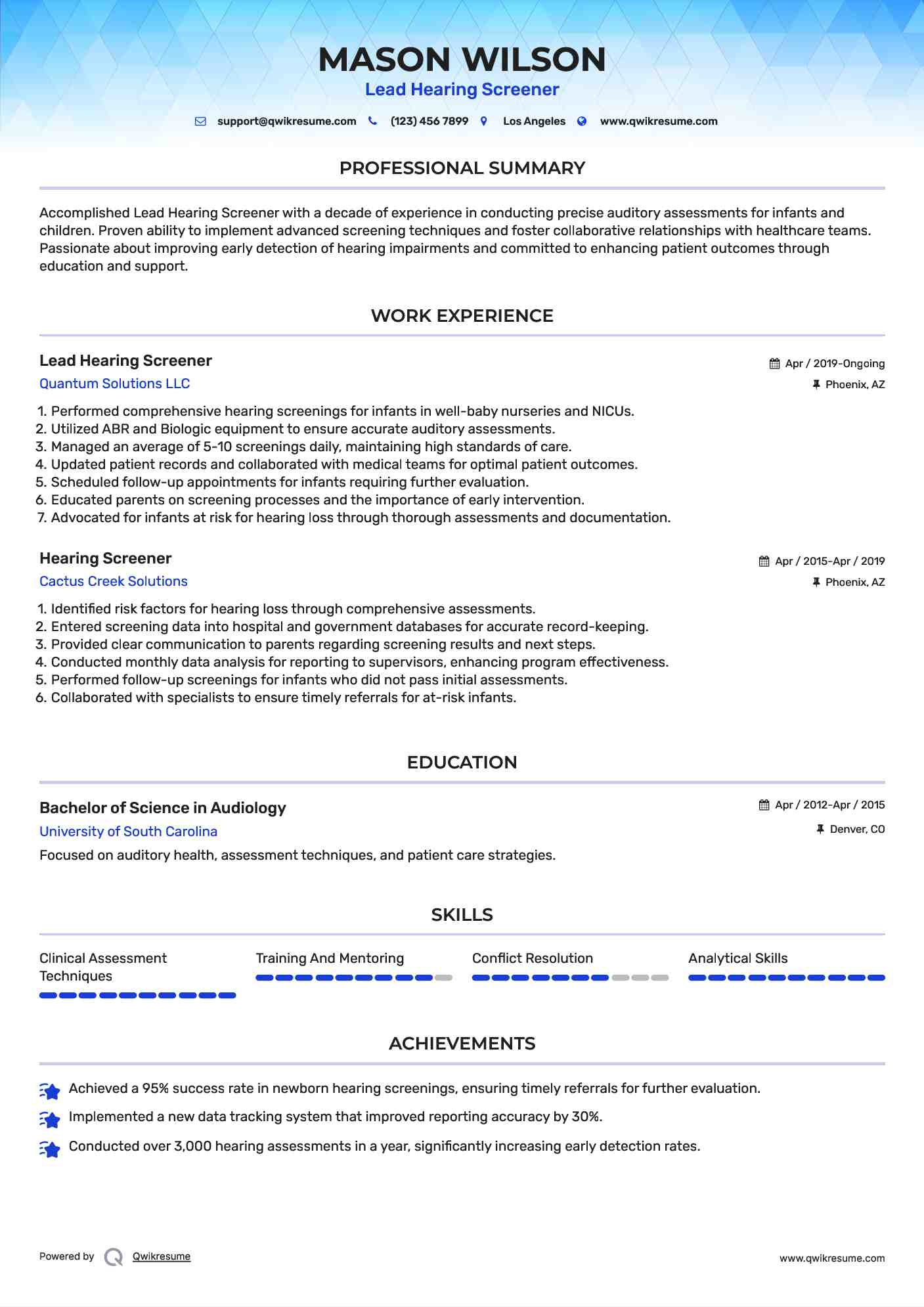 Lead Hearing Screener Resume Sample