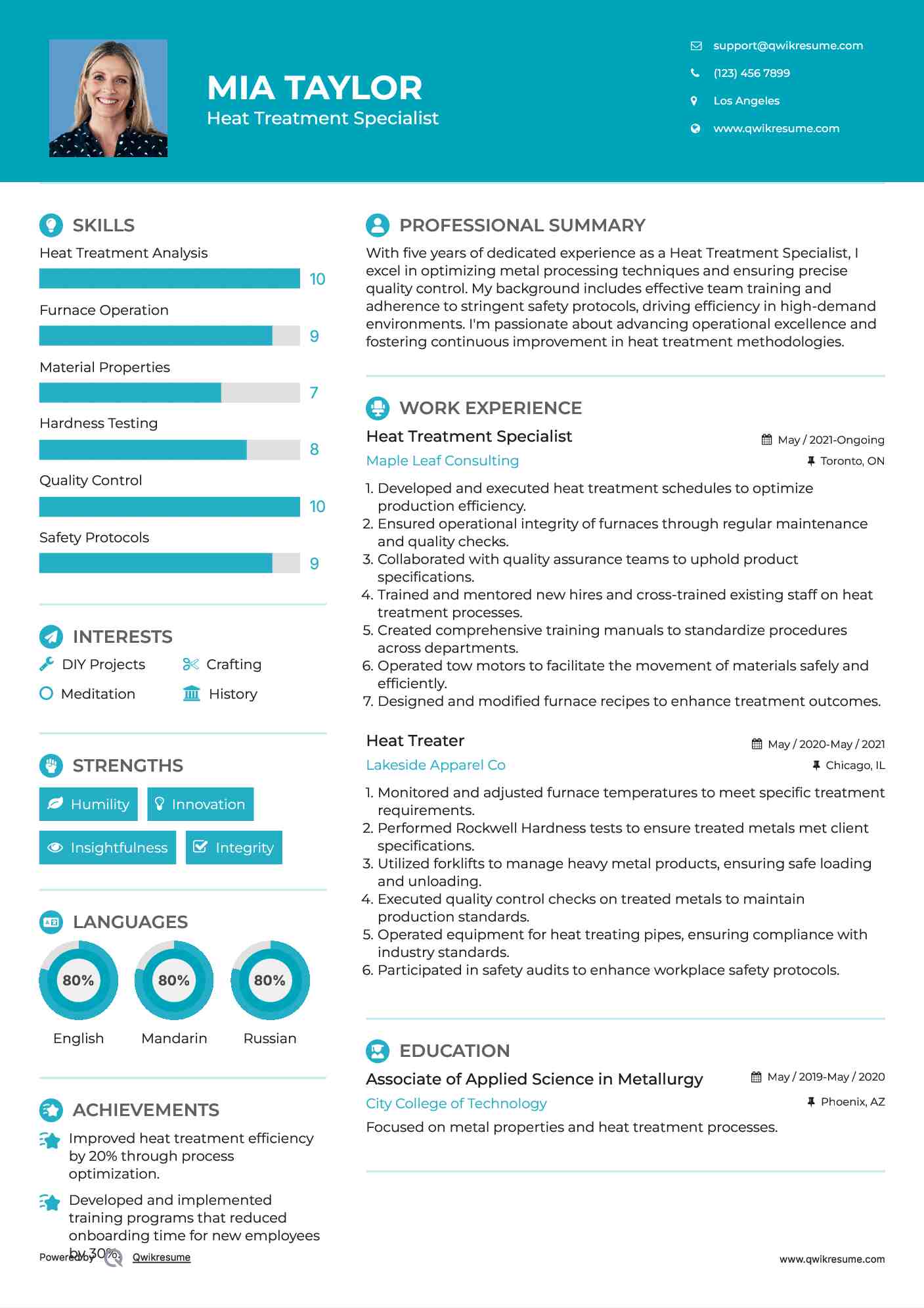 Heat Treatment Specialist Resume Model
