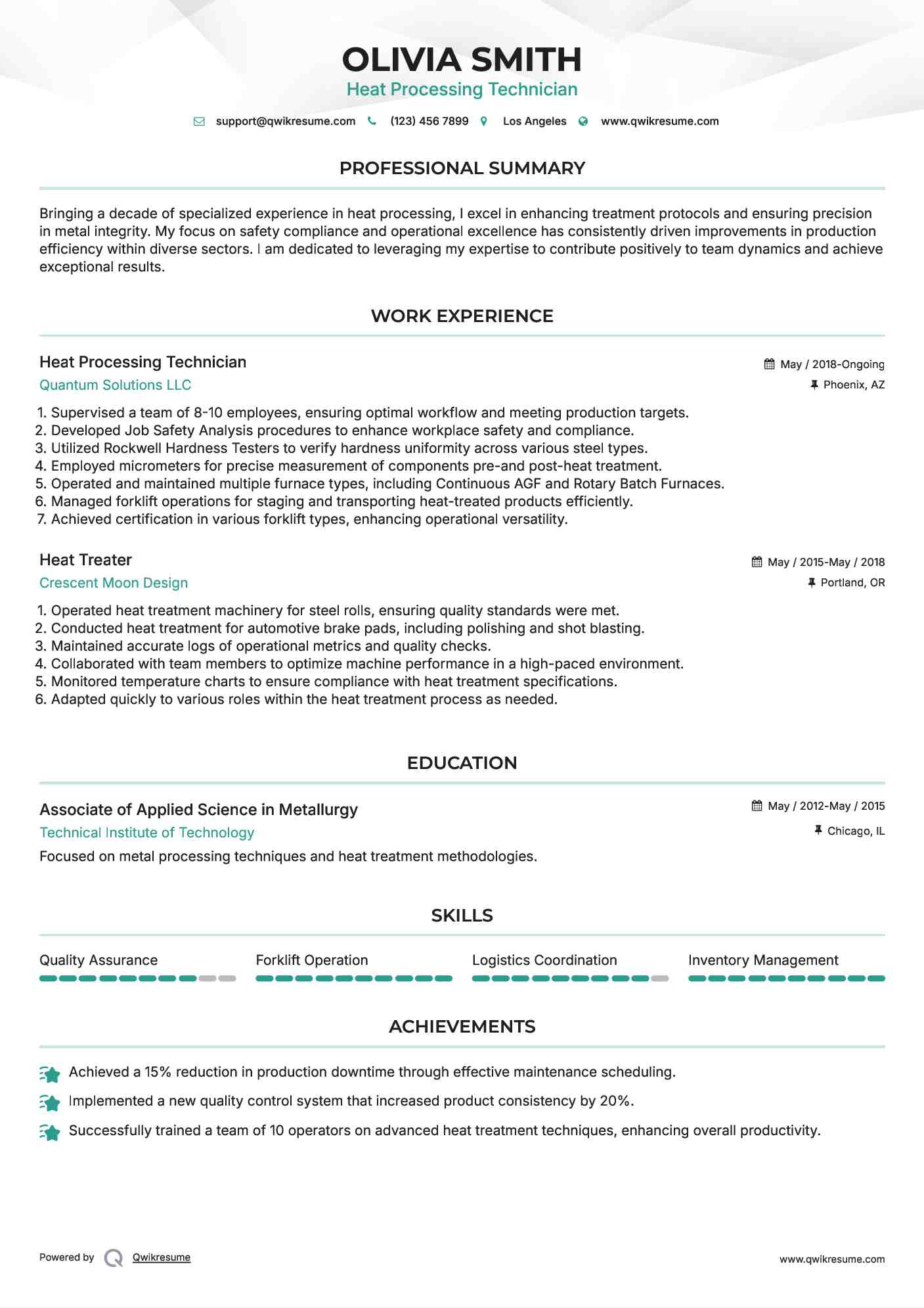 Heat Processing Technician Resume Format