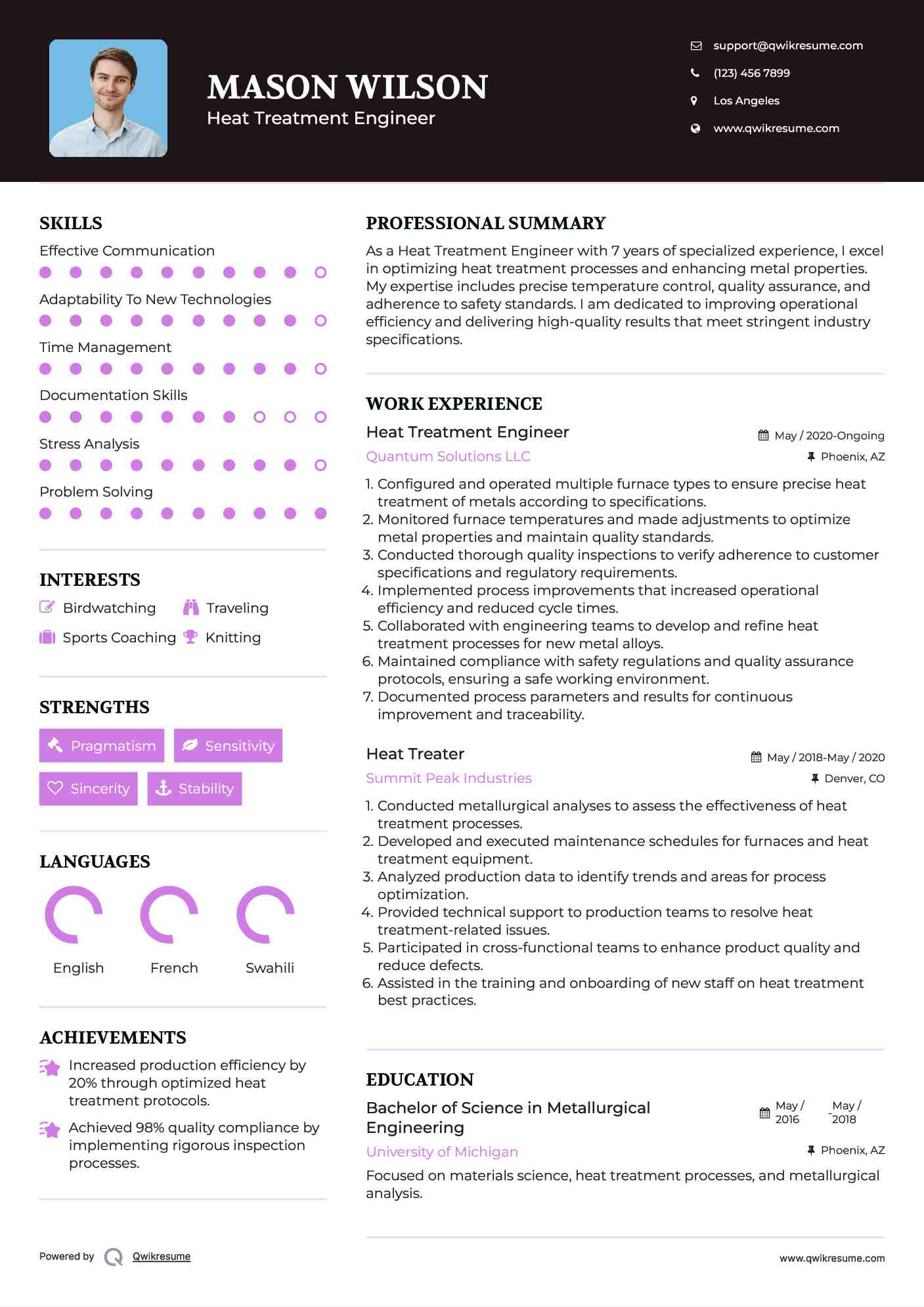 Heat Treatment Engineer Resume Sample