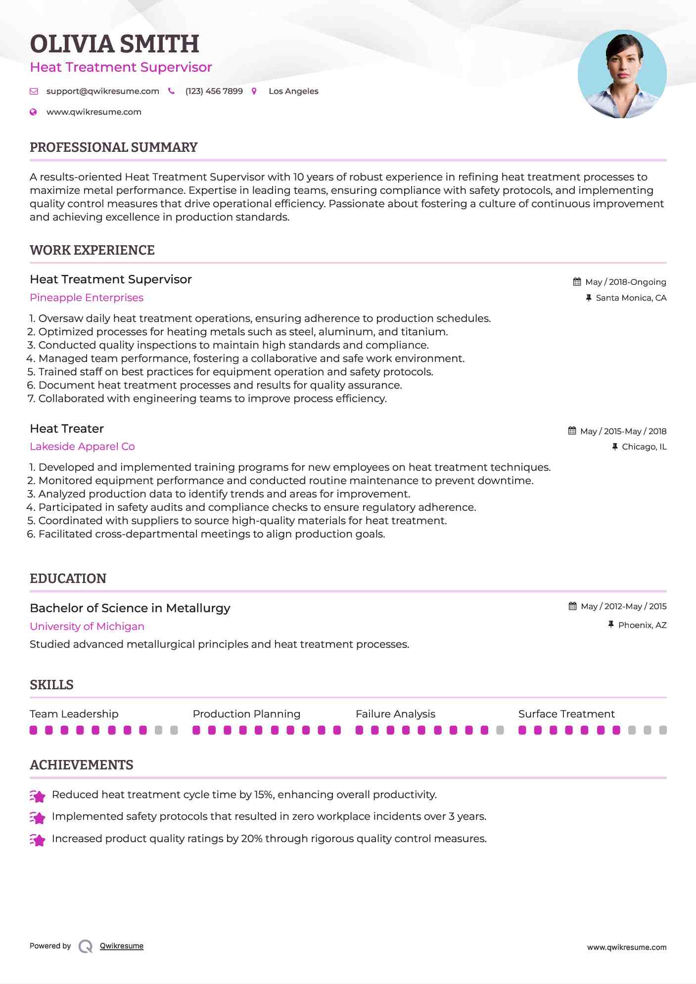Heat Treatment Supervisor Resume Format