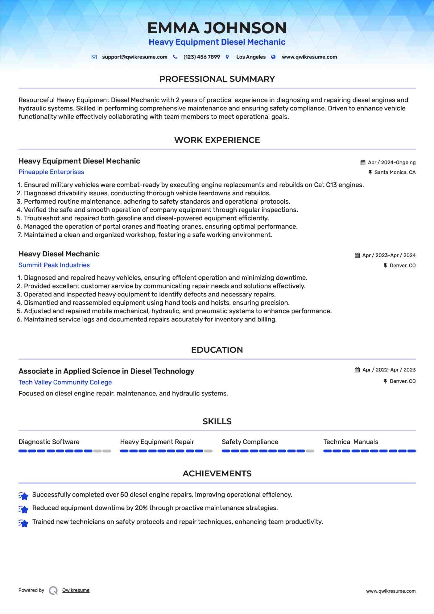 Heavy Equipment Diesel Mechanic Resume Template