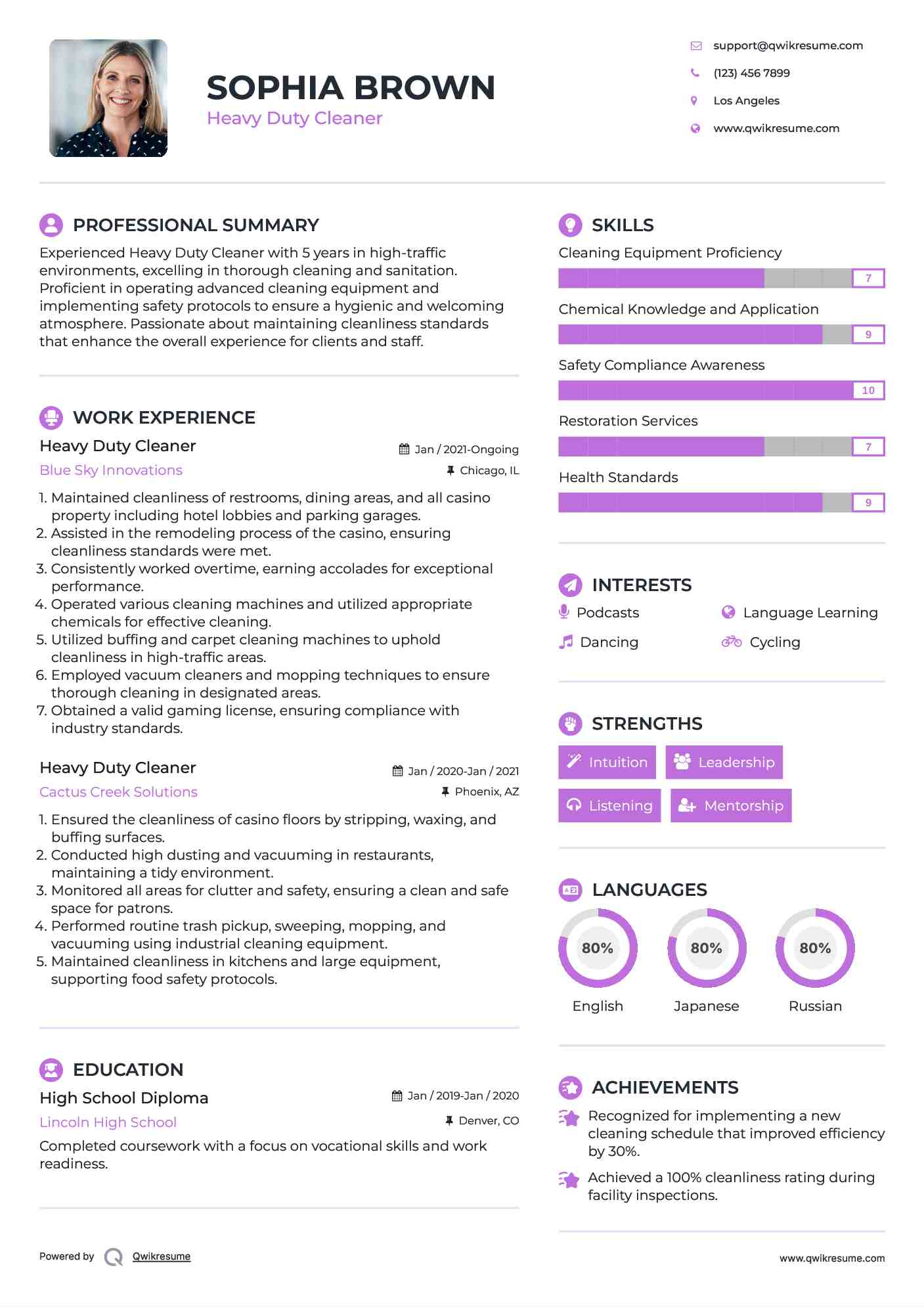 Heavy Duty Cleaner Resume Example