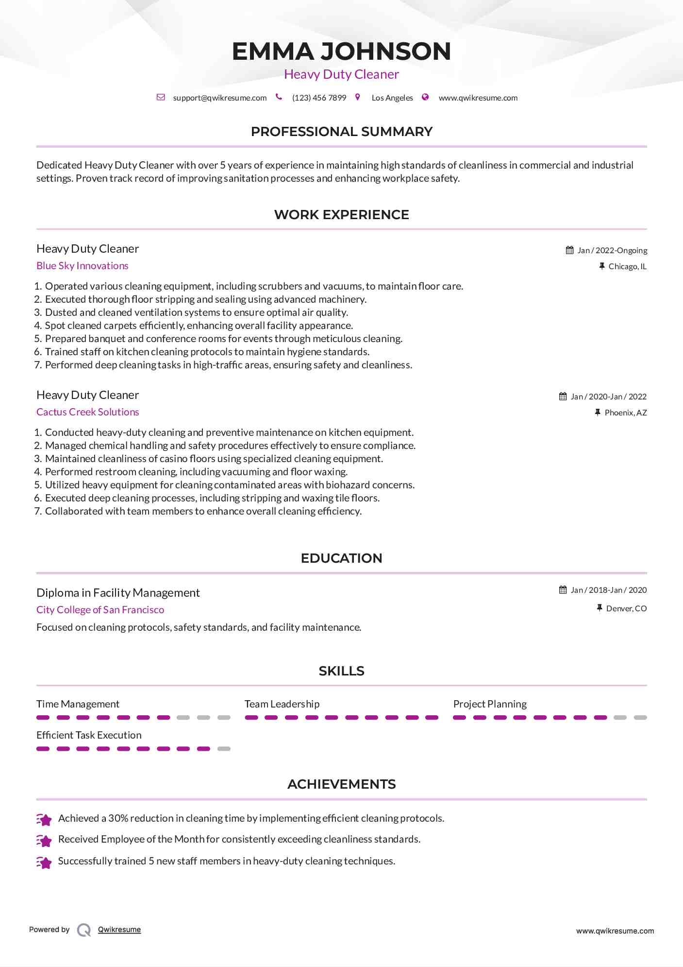 Heavy Duty Cleaner Resume Template