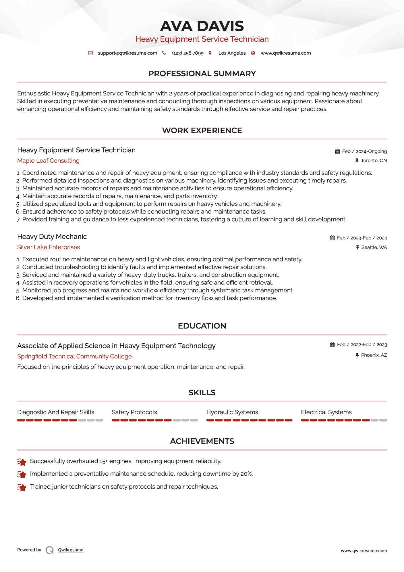 Heavy Equipment Service Technician Resume Format