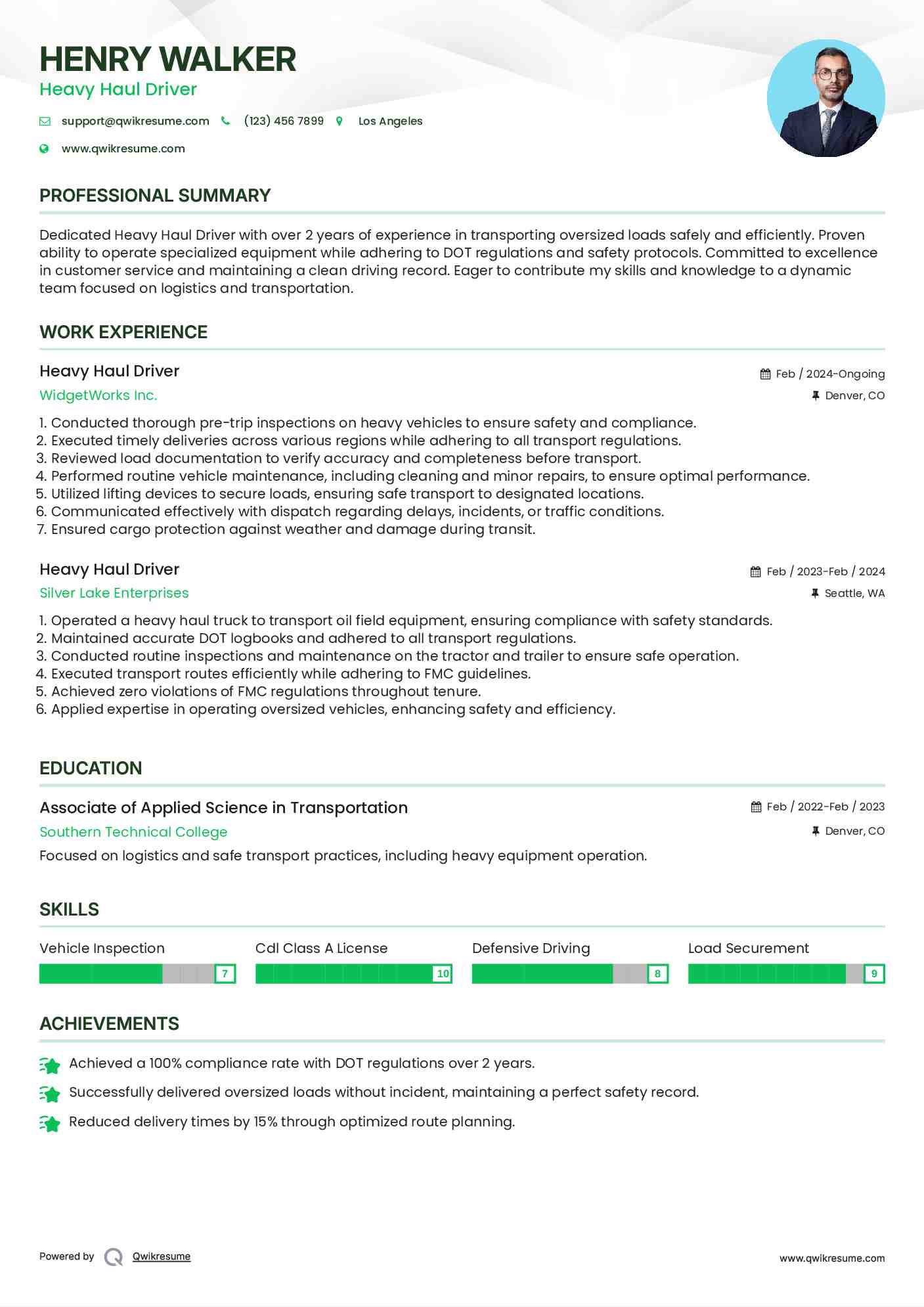 Heavy Haul Driver Resume Model