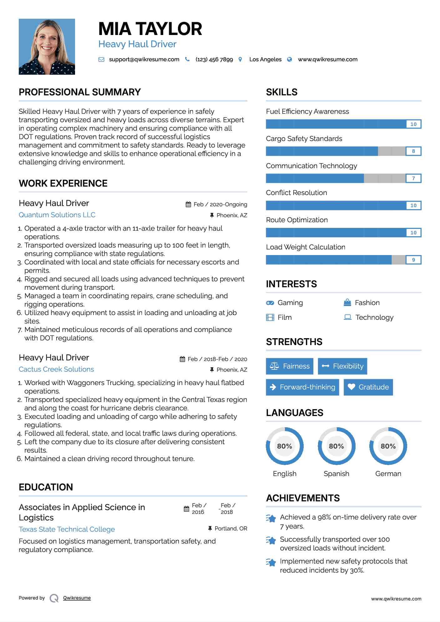 Heavy Haul Driver Resume Sample