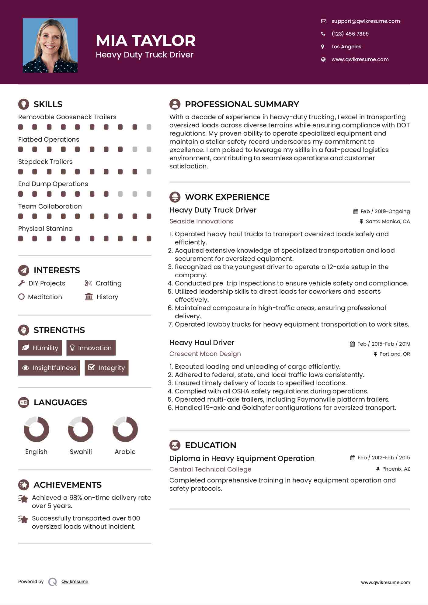 Heavy Duty Truck Driver Resume Format