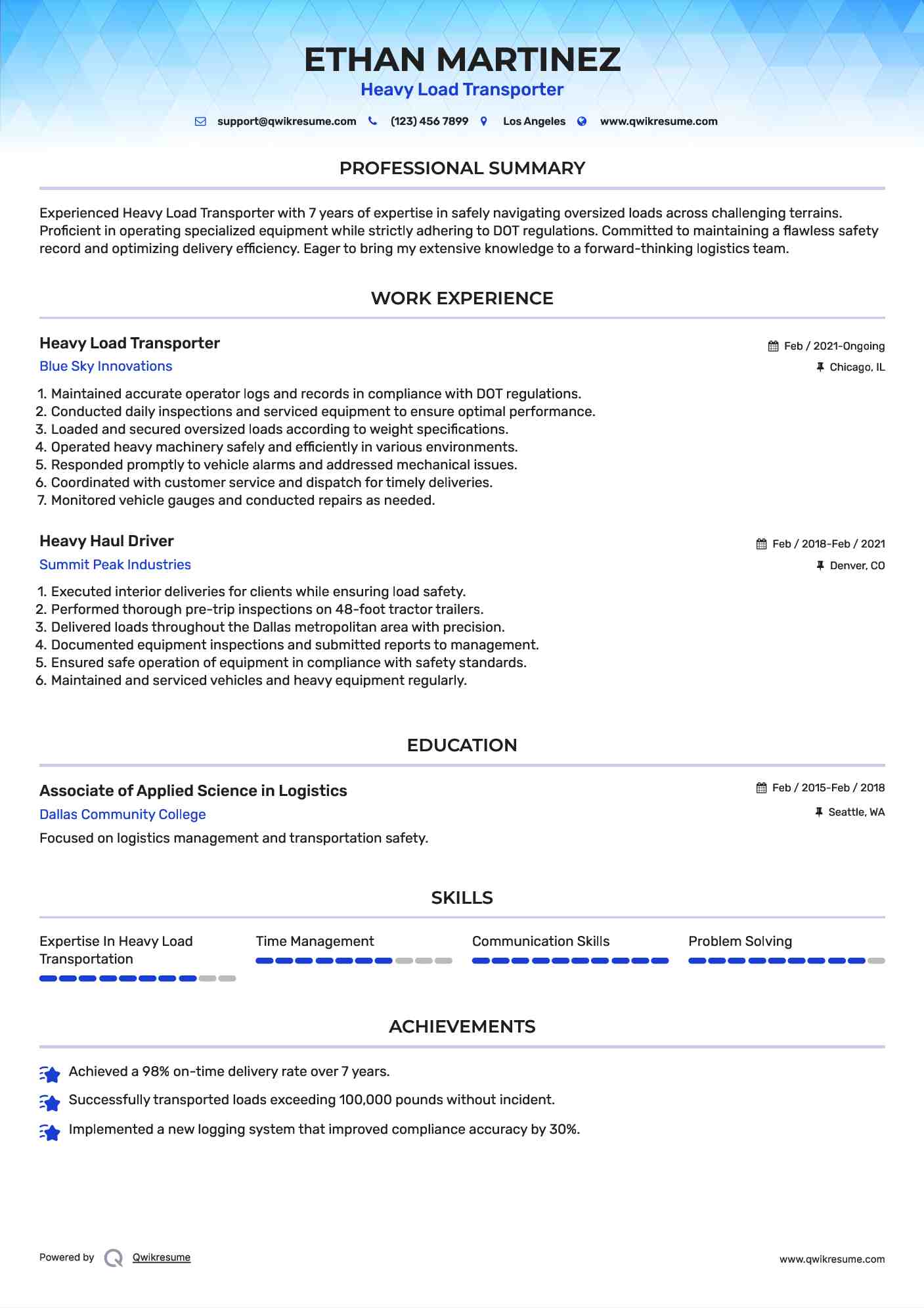 Heavy Load Transporter Resume Model