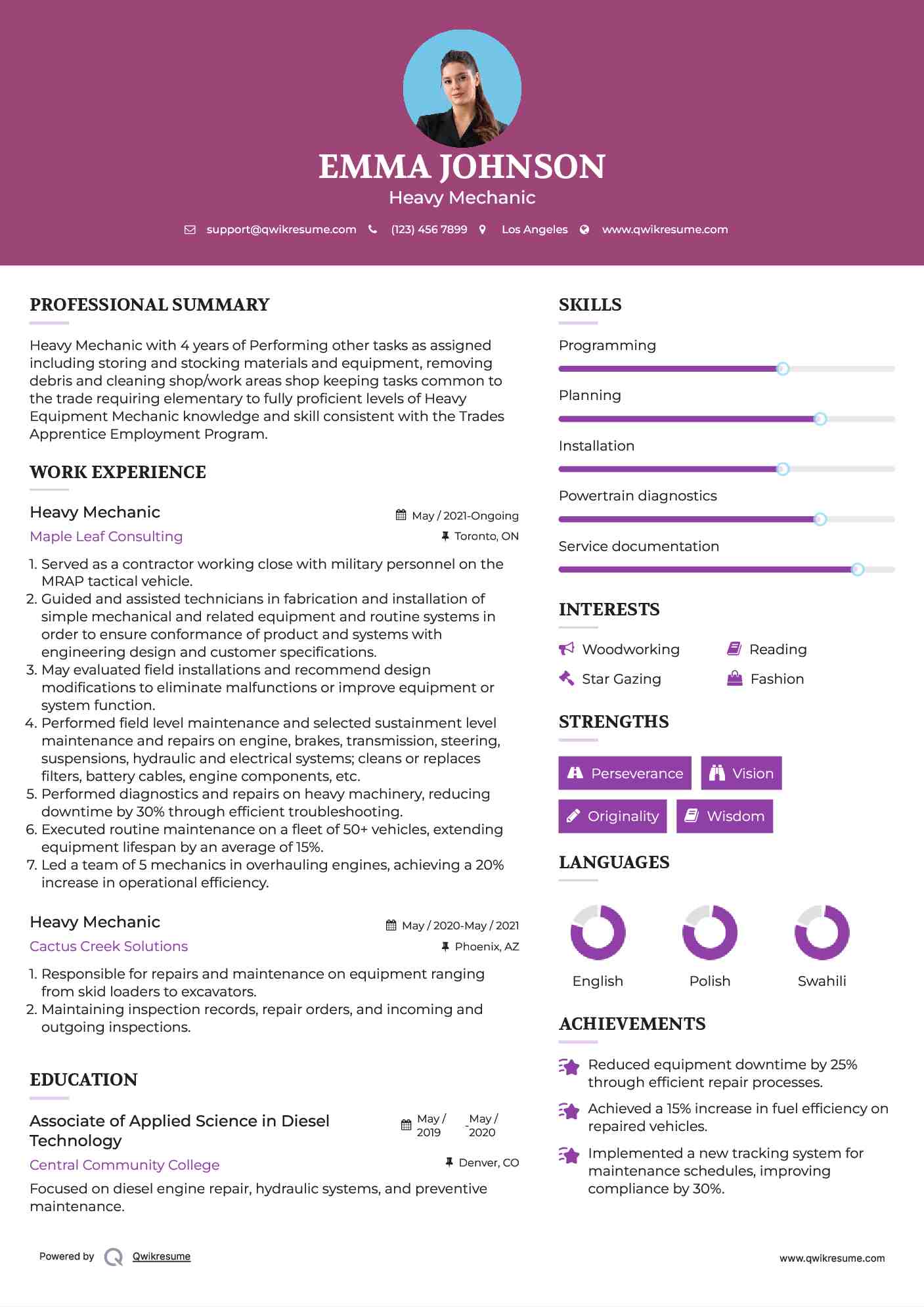 Heavy Mechanic Resume Format