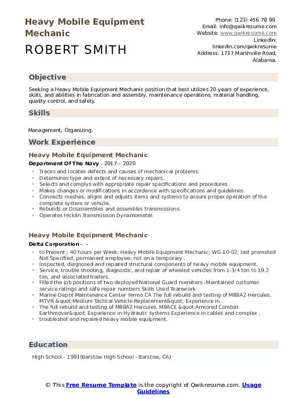 Heavy Mobile Equipment Mechanic Resume Samples QwikResume
