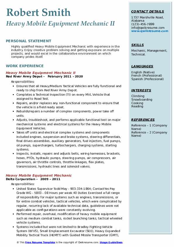 Heavy Mobile Equipment Mechanic Resume Samples QwikResume