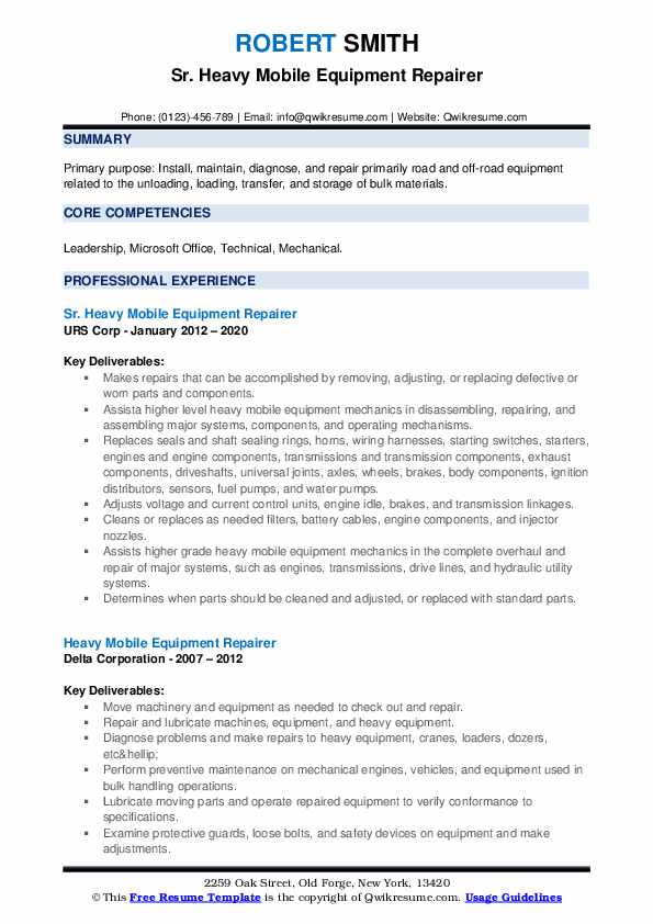 Heavy Mobile Equipment Repairer Resume Samples QwikResume