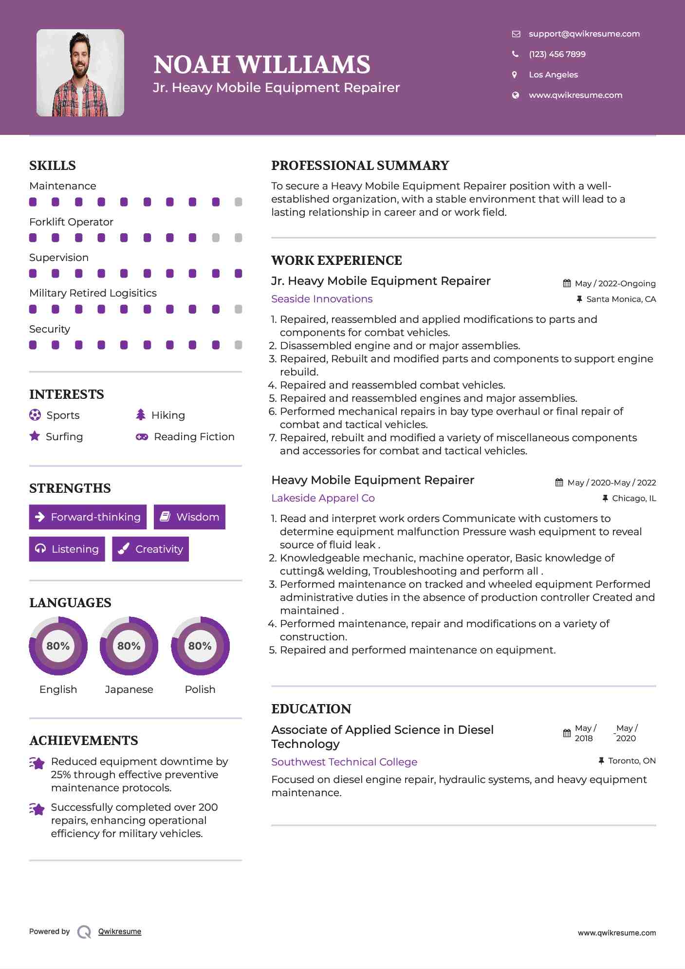 Jr. Heavy Mobile Equipment Repairer Resume Model