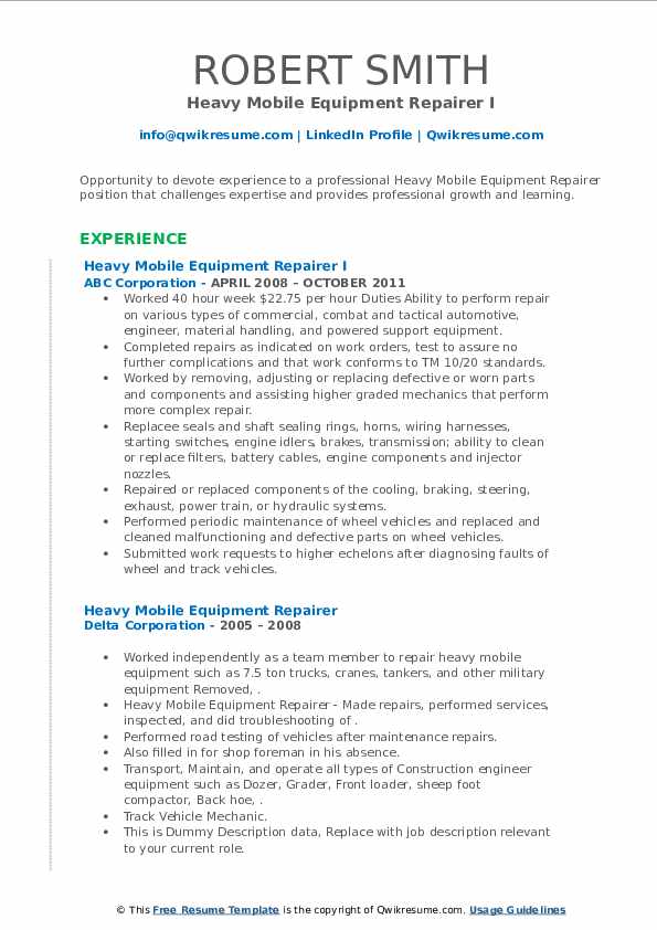 Heavy Mobile Equipment Repairer Resume Samples QwikResume