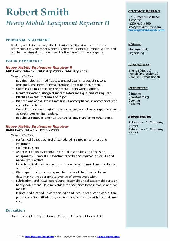 Heavy Mobile Equipment Repairer Resume Samples QwikResume