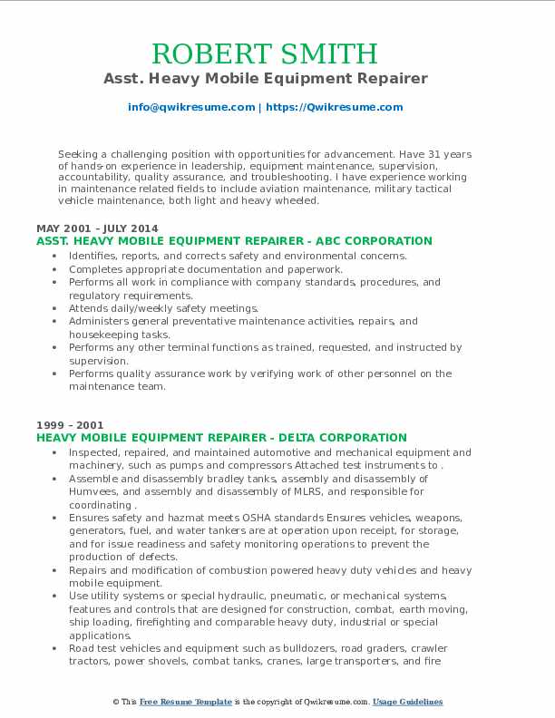 Heavy Mobile Equipment Repairer Resume Samples QwikResume