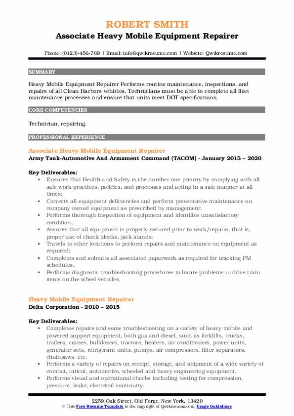 Heavy Mobile Equipment Repairer Resume Samples QwikResume