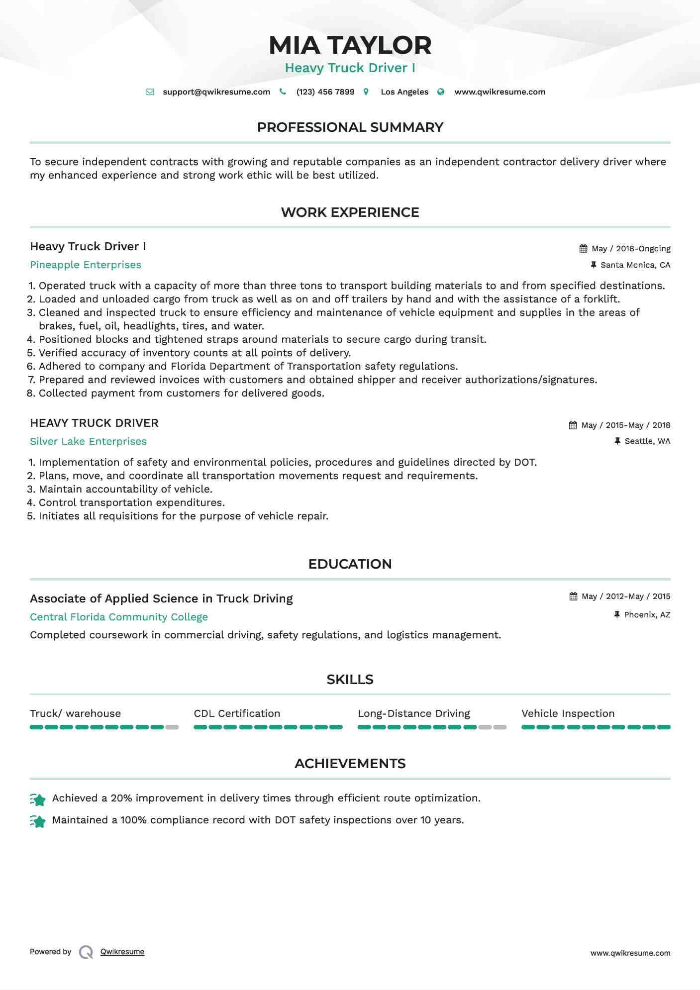 Heavy Truck Driver I Resume Sample