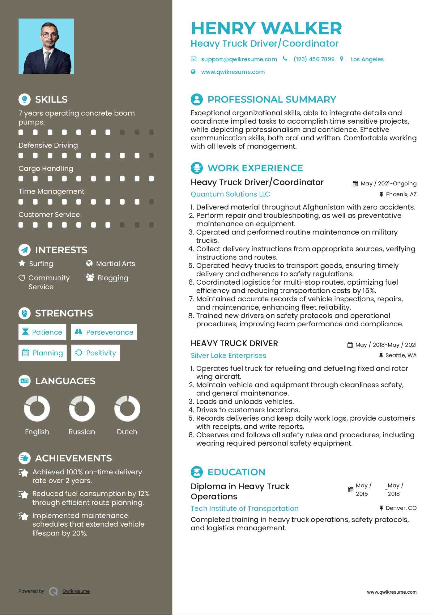 Heavy Truck Driver/Coordinator Resume Example