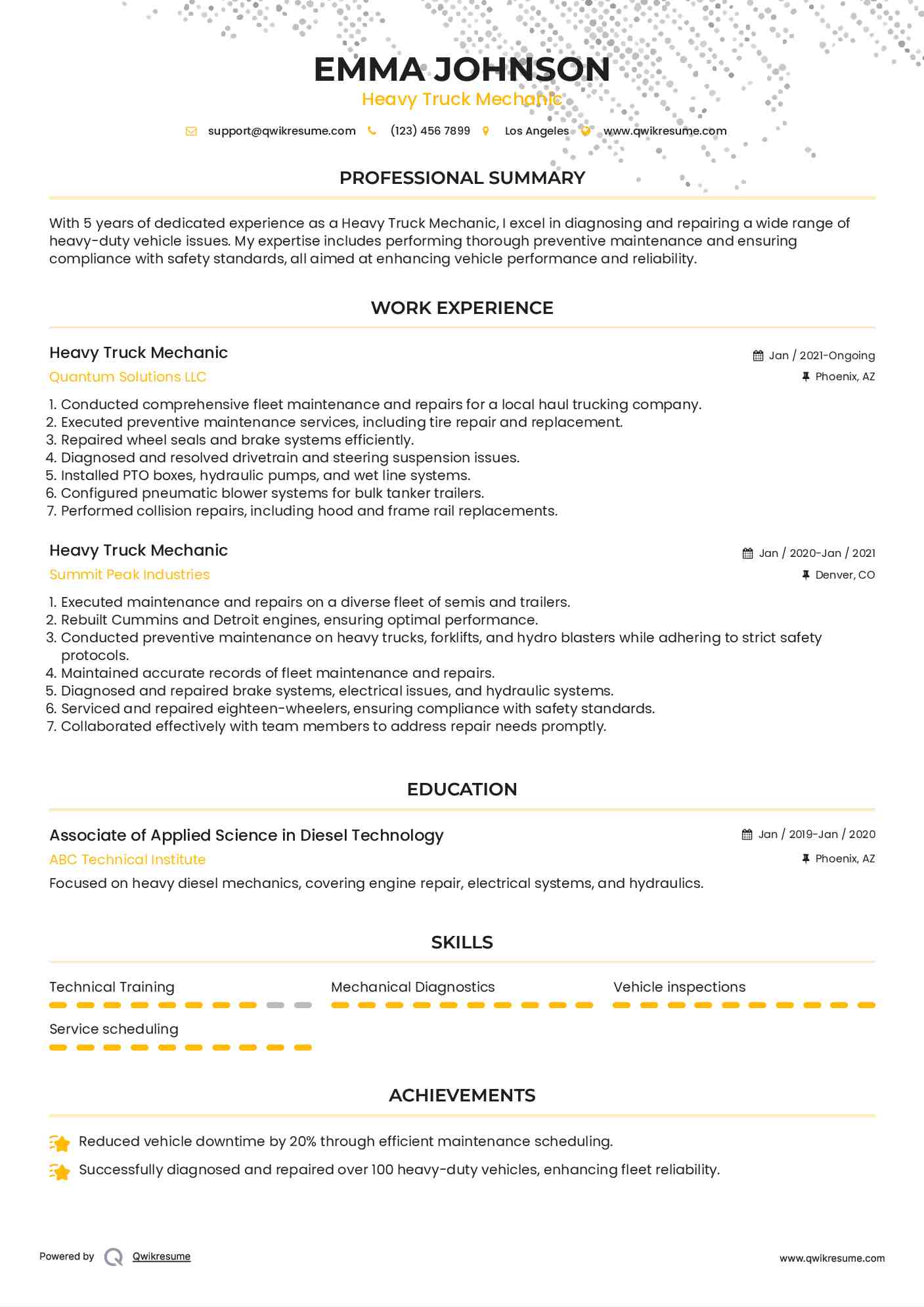 Heavy Truck Mechanic Resume Example