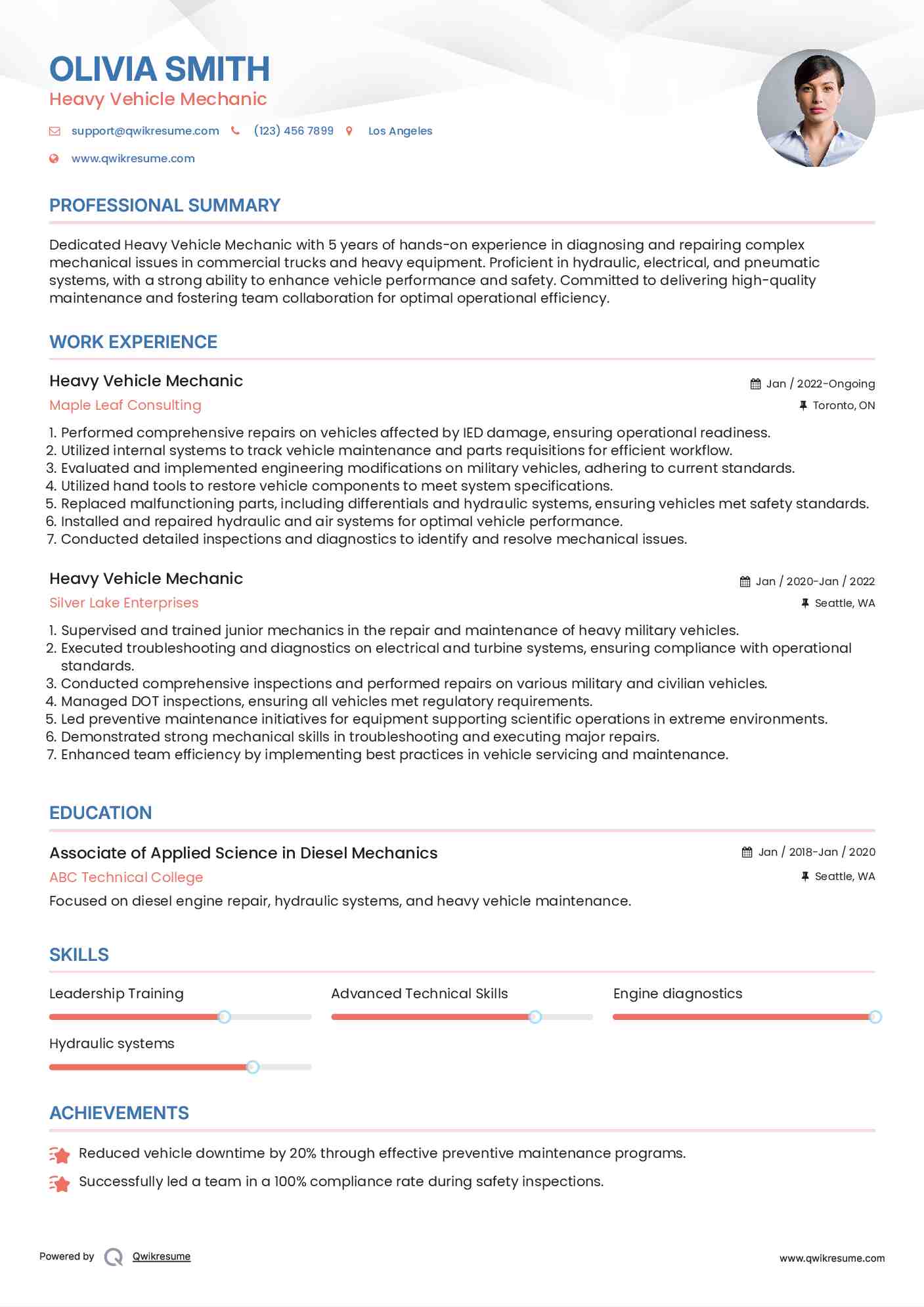 Heavy Vehicle Mechanic Resume Model