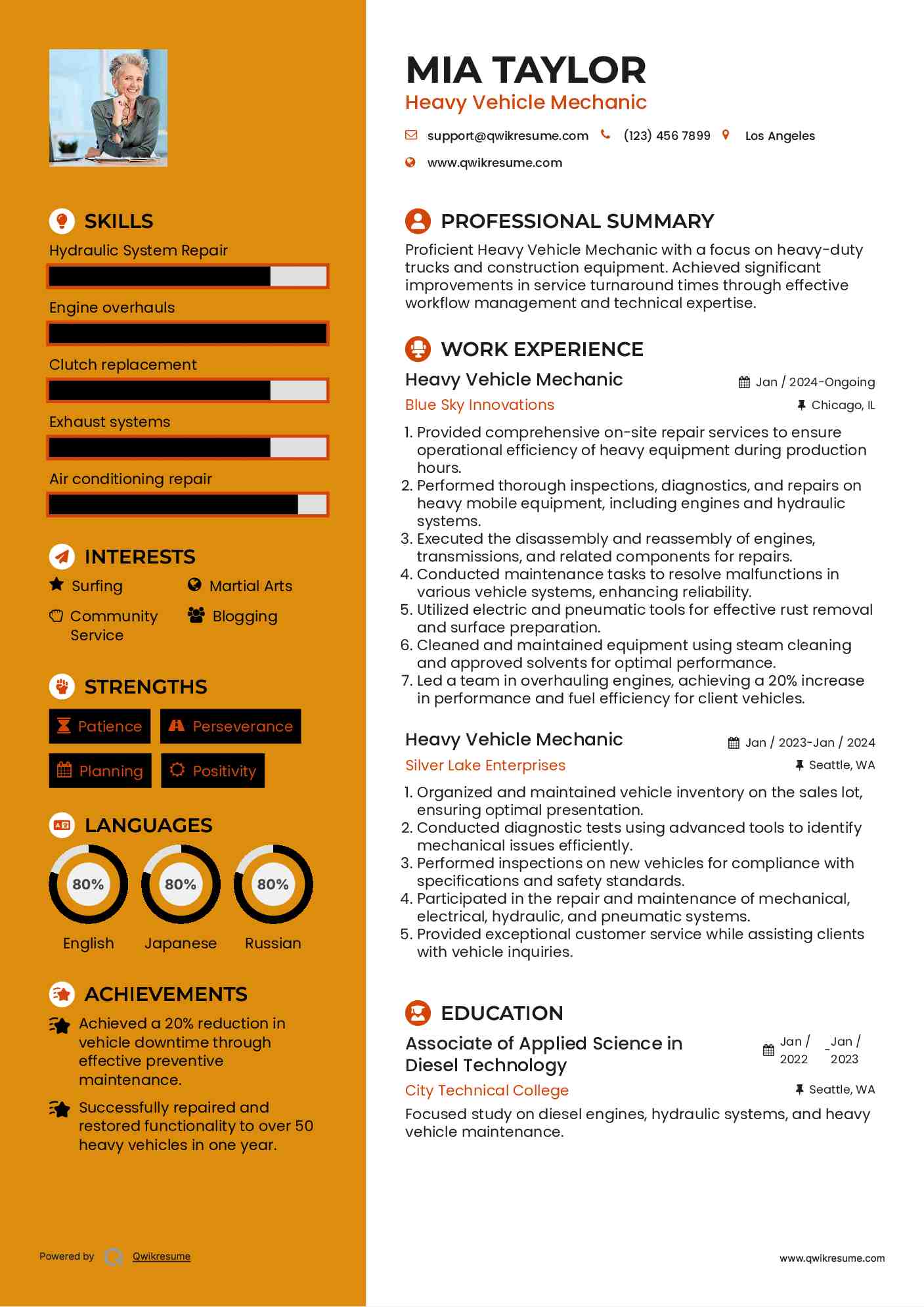 Heavy Vehicle Mechanic Resume Template