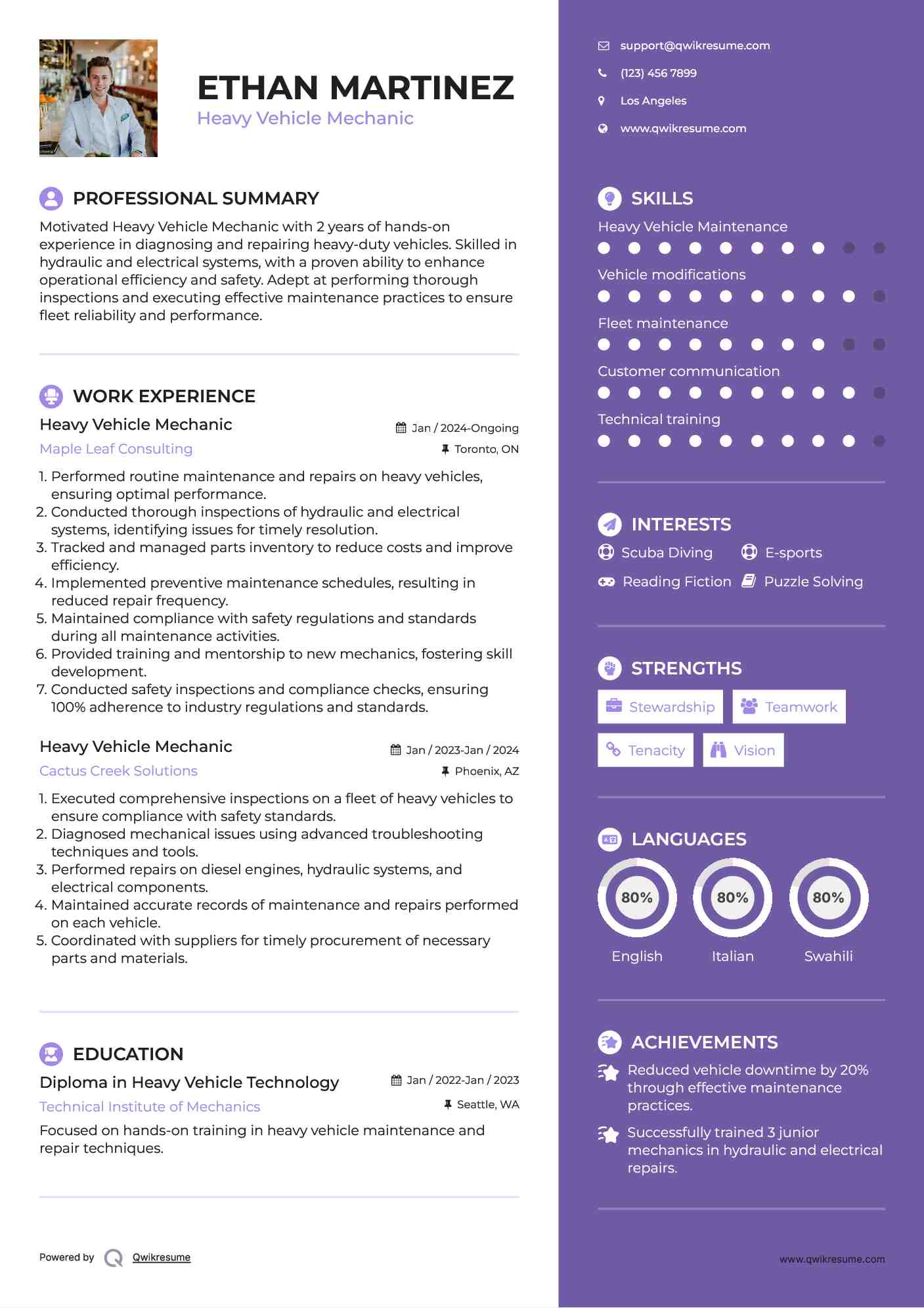 Heavy Vehicle Mechanic Resume Model