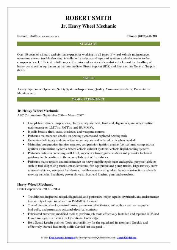 Heavy Equipment Resume Sample