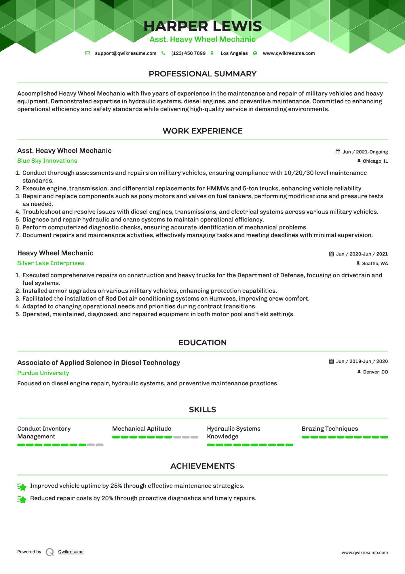 Asst. Heavy Wheel Mechanic Resume Format